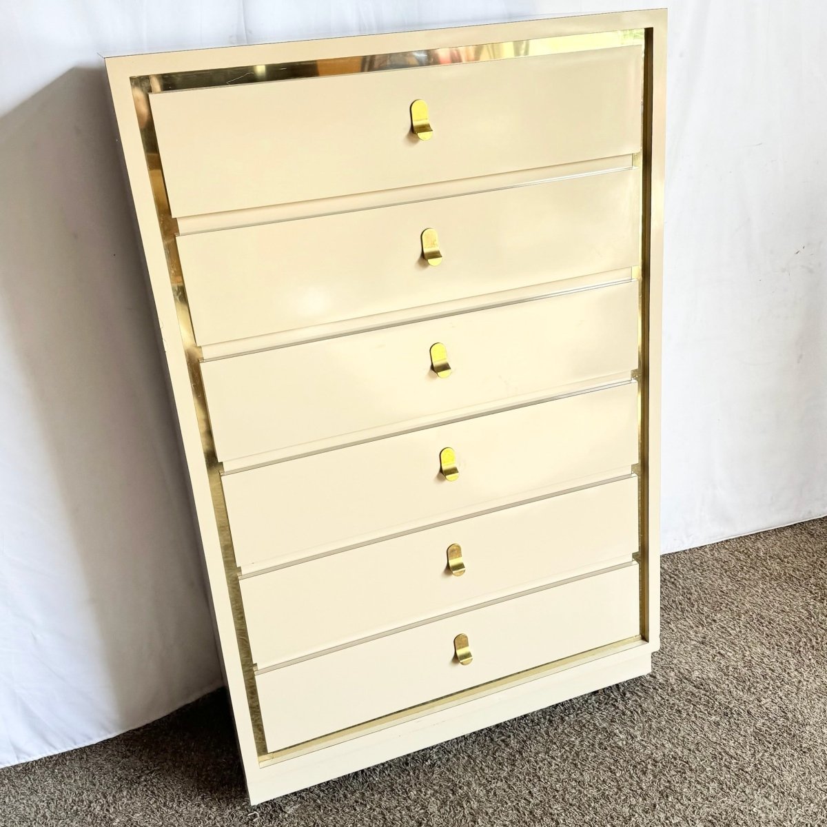 Postmodern Cream Laminate Highboy Dresser With Gold Accents - Dolphin & Flamingo