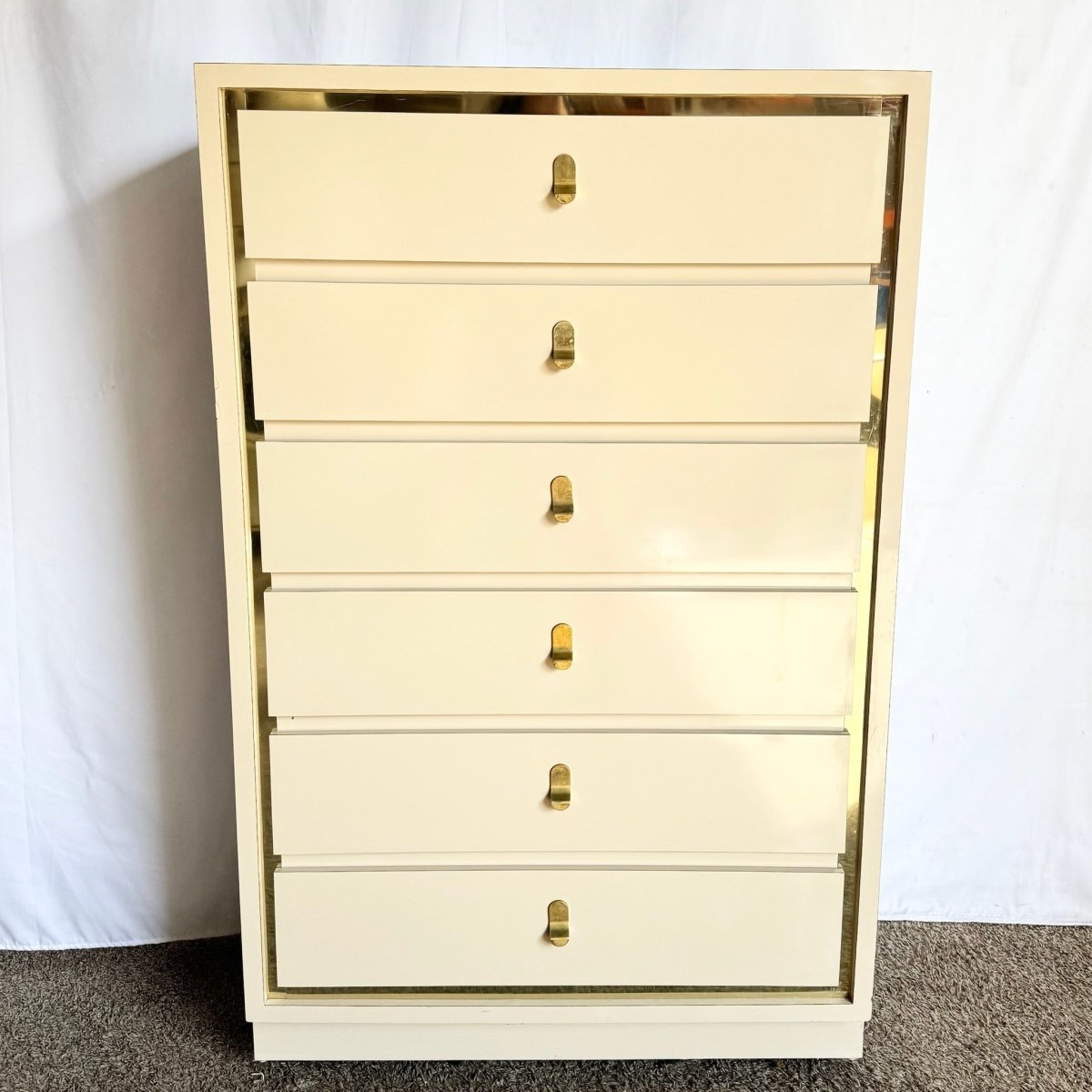 Postmodern Cream Laminate Highboy Dresser With Gold Accents - Dolphin & Flamingo