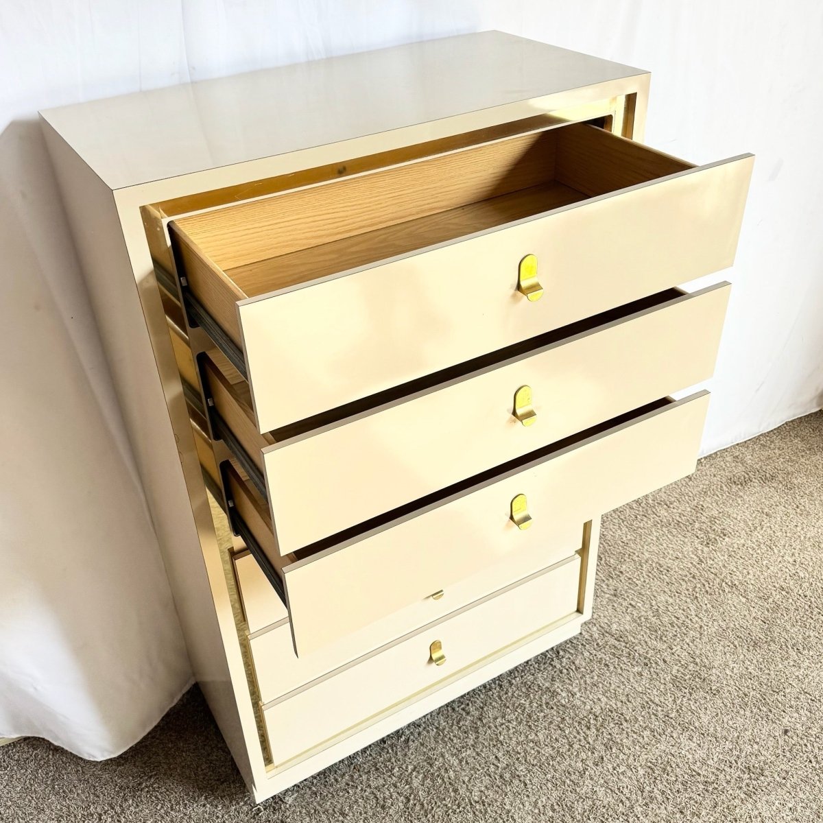 Postmodern Cream Laminate Highboy Dresser With Gold Accents - Dolphin & Flamingo