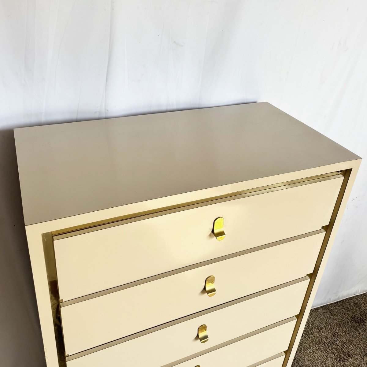 Postmodern Cream Laminate Highboy Dresser With Gold Accents - Dolphin & Flamingo