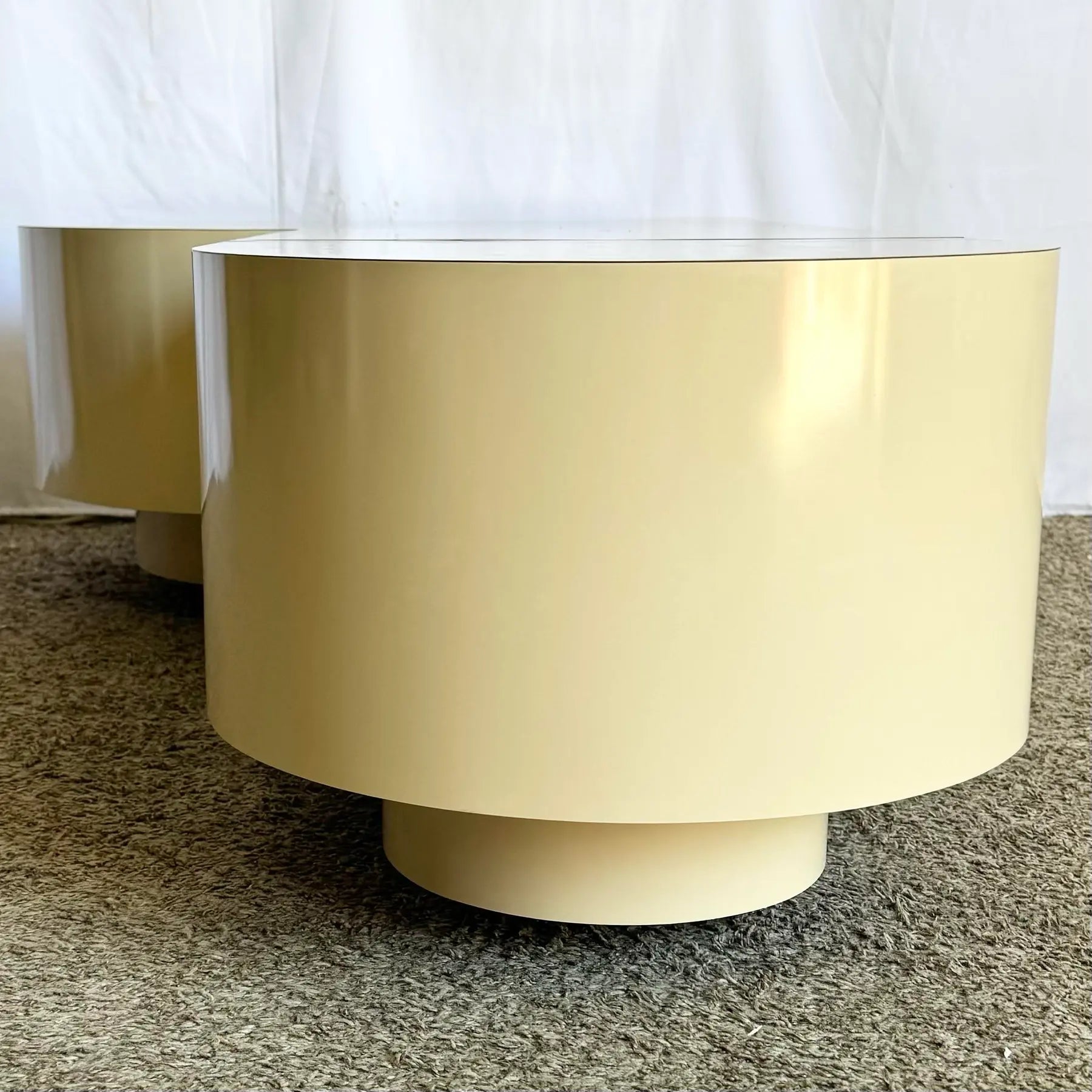 Postmodern Cream Laminate Love Stick Coffee Table With Navy Blue and Gold Crown Accent on Casters - Dolphin & Flamingo