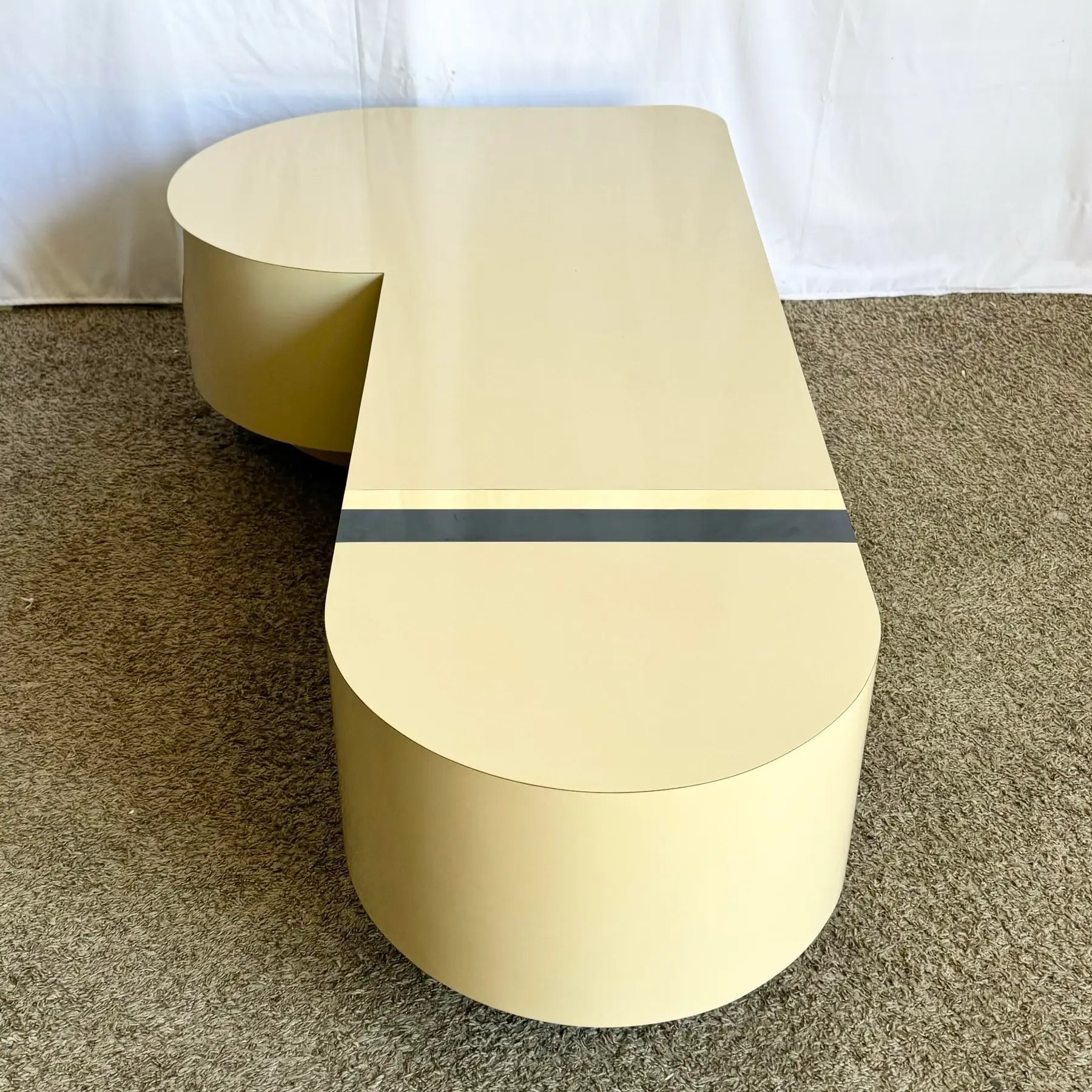 Postmodern Cream Laminate Love Stick Coffee Table With Navy Blue and Gold Crown Accent on Casters - Dolphin & Flamingo