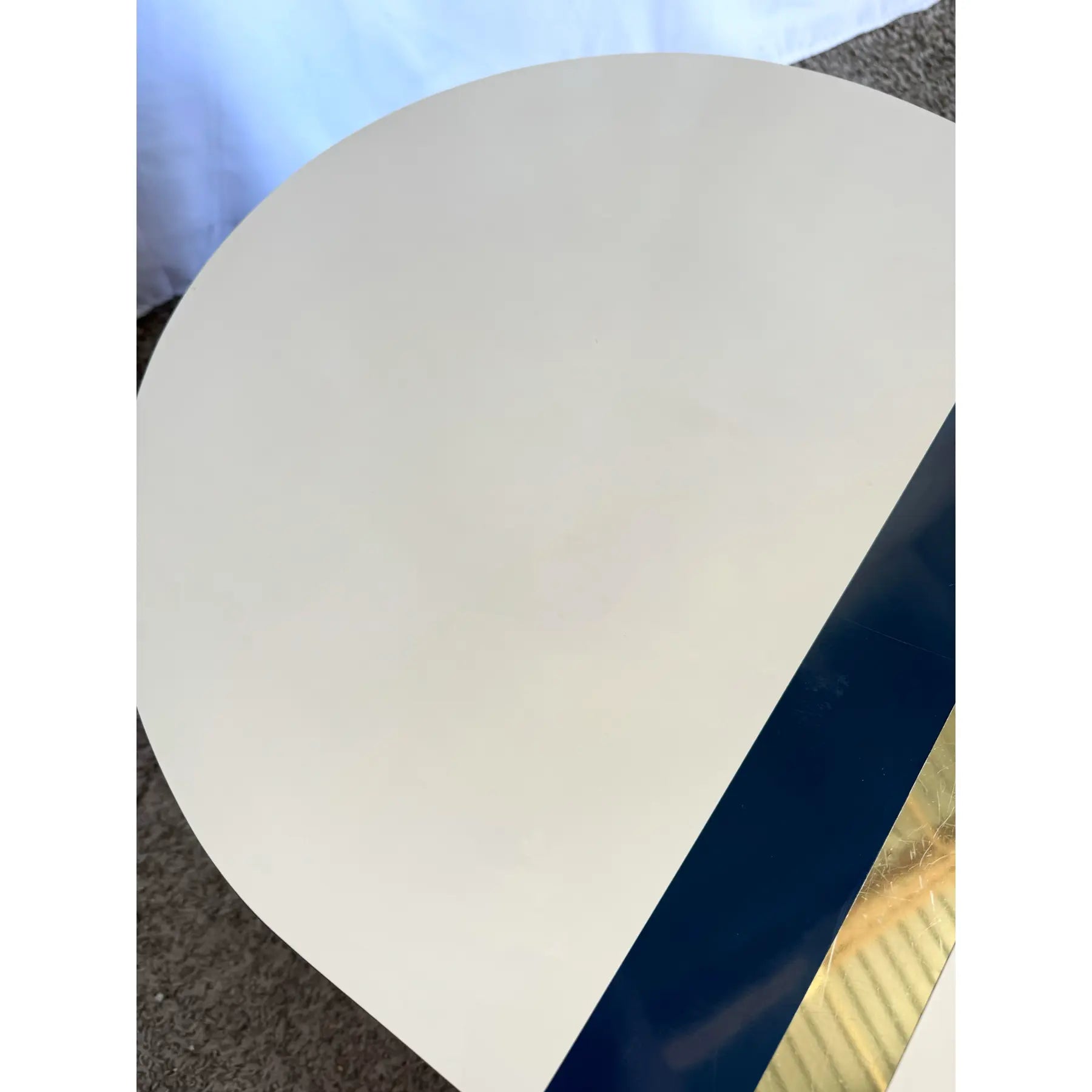 Postmodern Cream Laminate Love Stick Coffee Table With Navy Blue and Gold Crown Accent on Casters - Dolphin & Flamingo