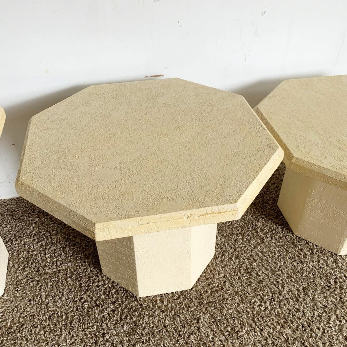 Postmodern Cream Octagonal Faux Stone Mushroom Nesting Tables - Set of 3 - Dolphin & Flamingo