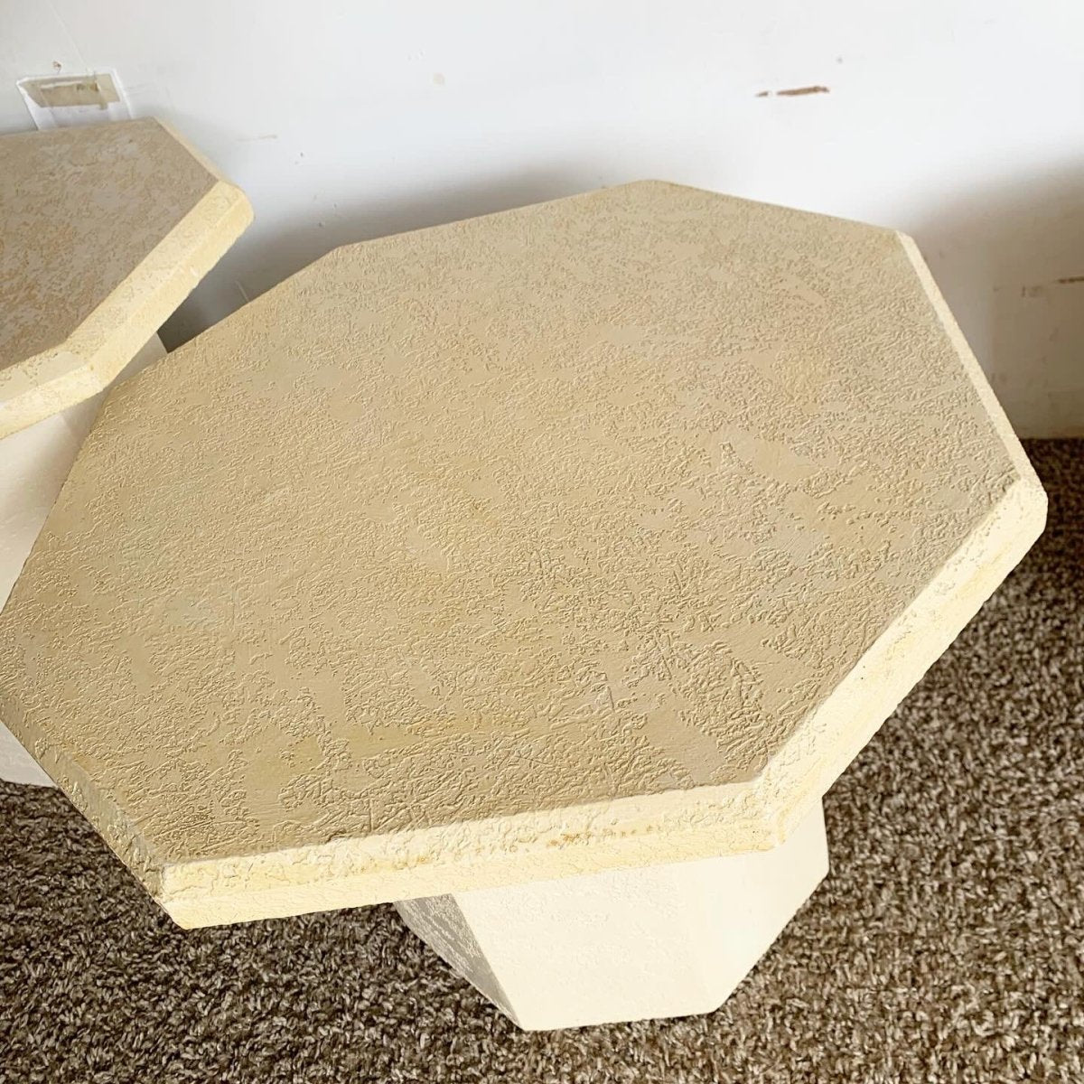 Postmodern Cream Octagonal Faux Stone Mushroom Nesting Tables - Set of 3 - Dolphin & Flamingo