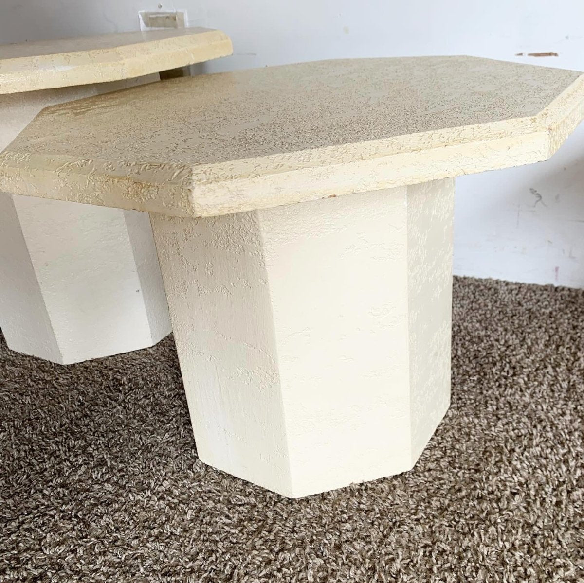 Postmodern Cream Octagonal Faux Stone Mushroom Nesting Tables - Set of 3 - Dolphin & Flamingo