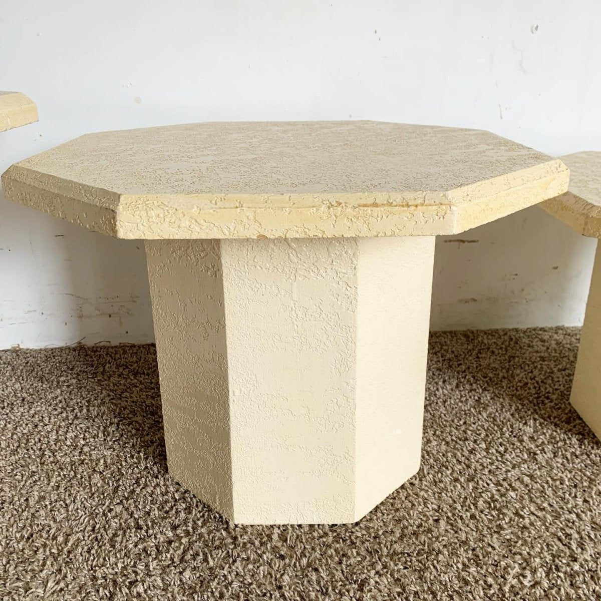 Postmodern Cream Octagonal Faux Stone Mushroom Nesting Tables - Set of 3 - Dolphin & Flamingo