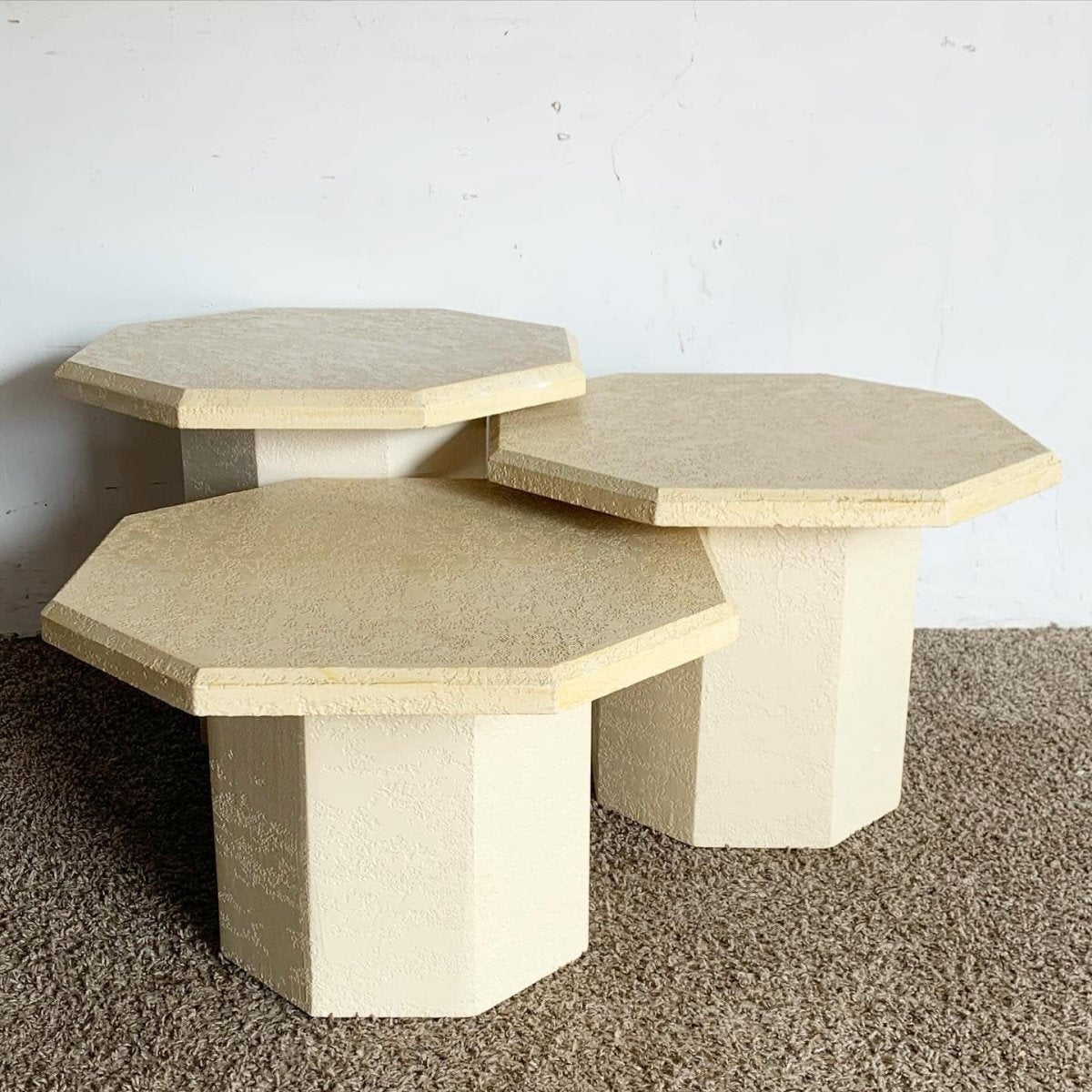 Postmodern Cream Octagonal Faux Stone Mushroom Nesting Tables - Set of 3 - Dolphin & Flamingo