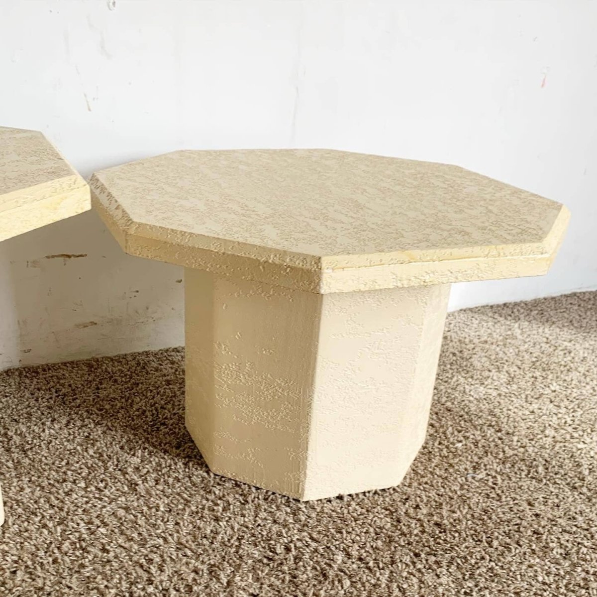 Postmodern Cream Octagonal Faux Stone Mushroom Nesting Tables - Set of 3 - Dolphin & Flamingo