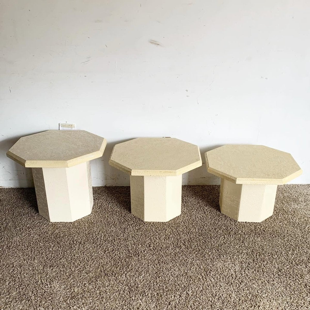 Postmodern Cream Octagonal Faux Stone Mushroom Nesting Tables - Set of 3 - Dolphin & Flamingo