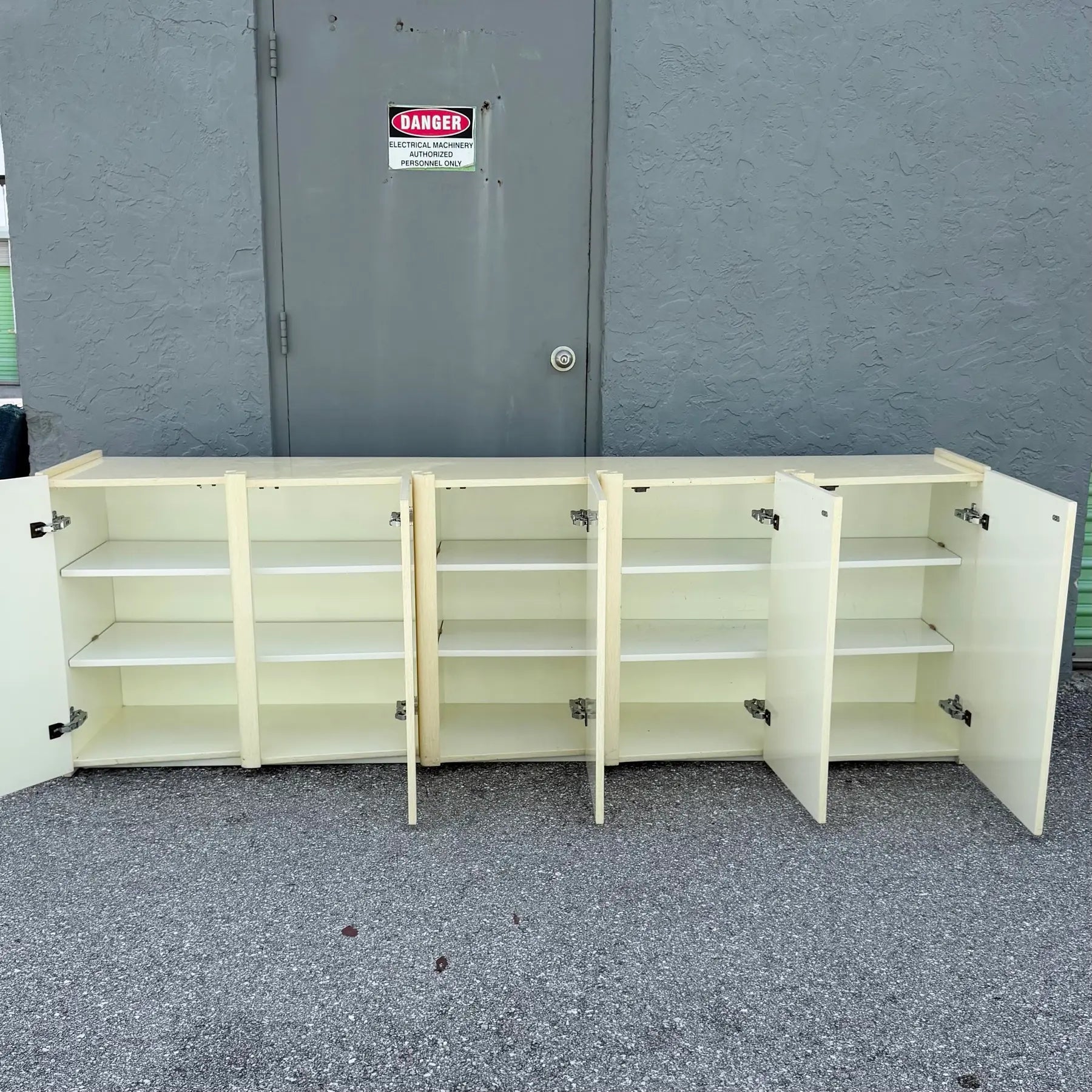 Postmodern Cream Woodgrain Finished Sawtooth Wave Credenza Dolphin & Flamingo