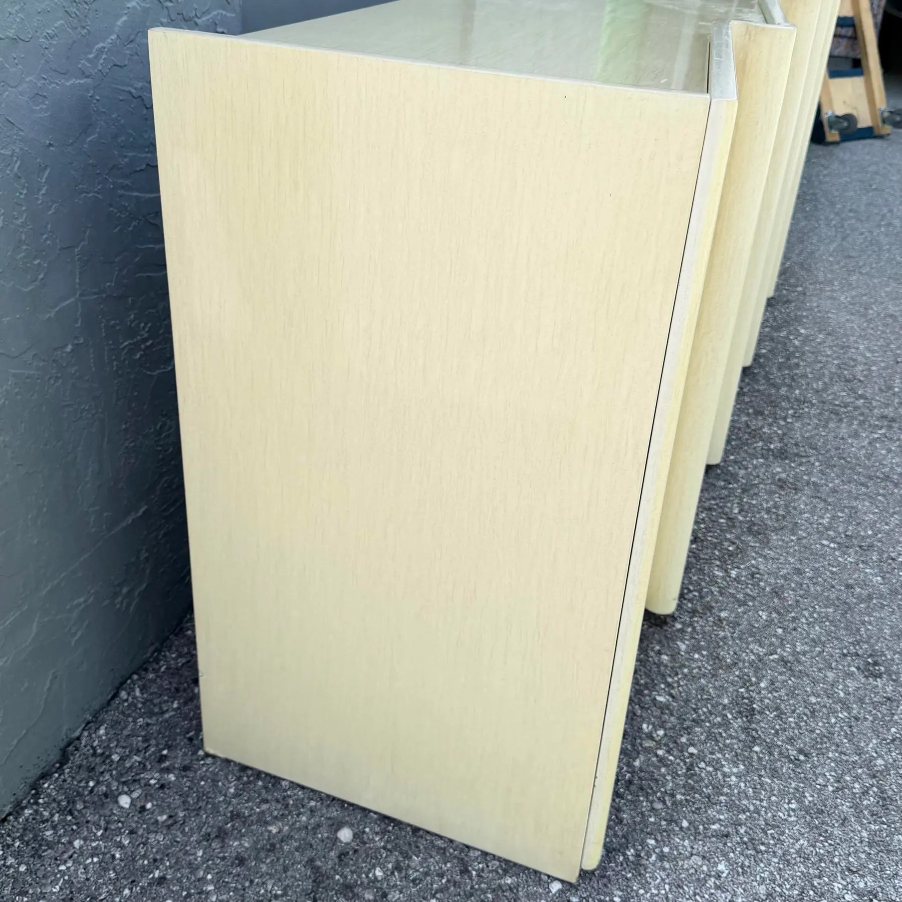 Postmodern Cream Woodgrain Finished Sawtooth Wave Credenza Dolphin & Flamingo