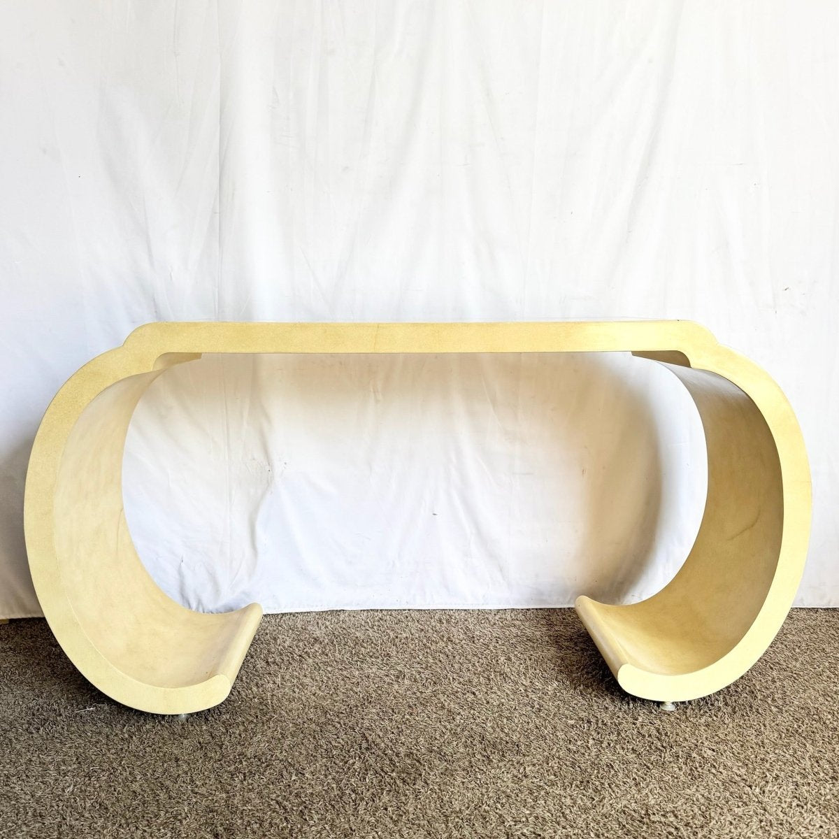 Postmodern Faux Goatskin Lacquered Waterfall Console Table - Dolphin & Flamingo
