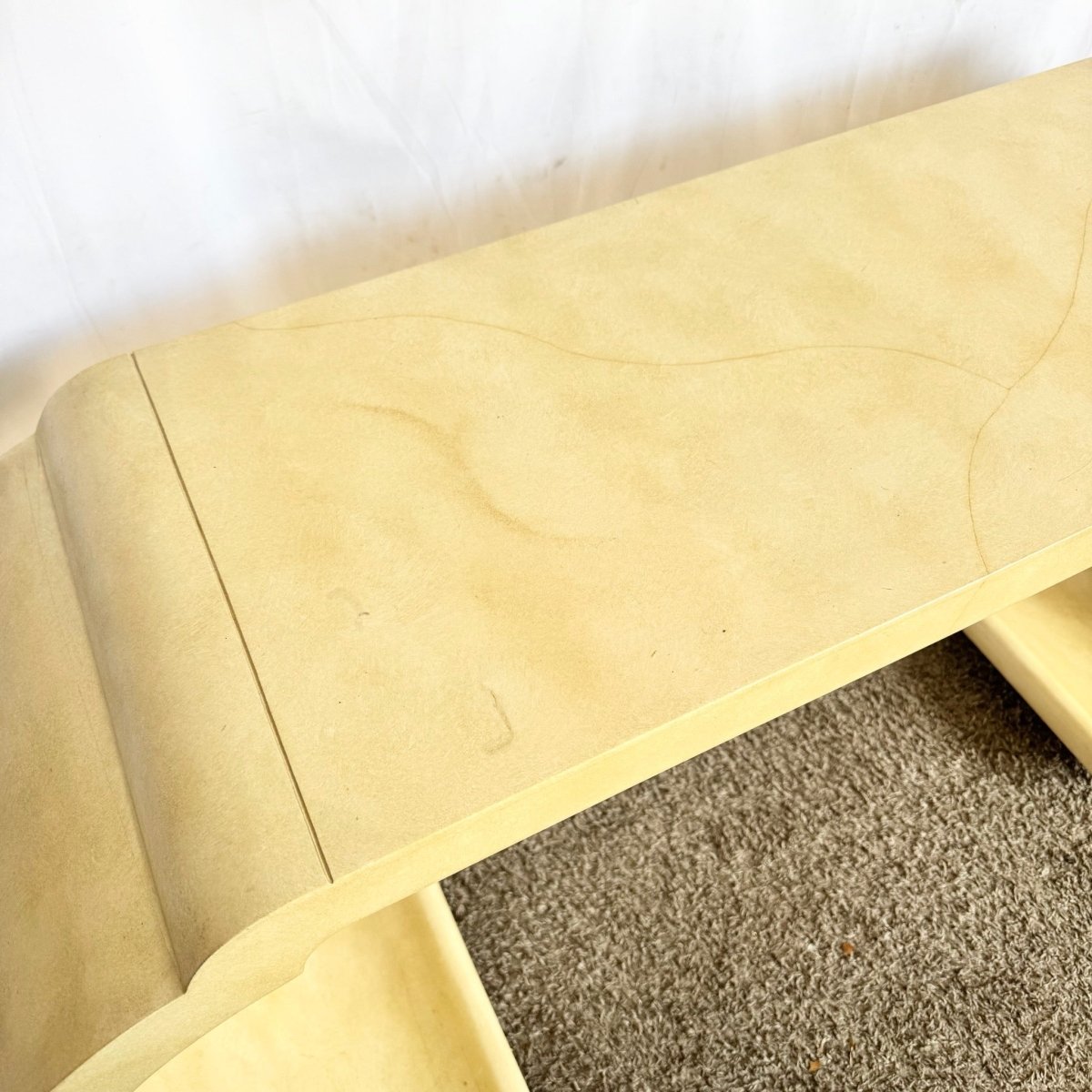 Postmodern Faux Goatskin Lacquered Waterfall Console Table - Dolphin & Flamingo