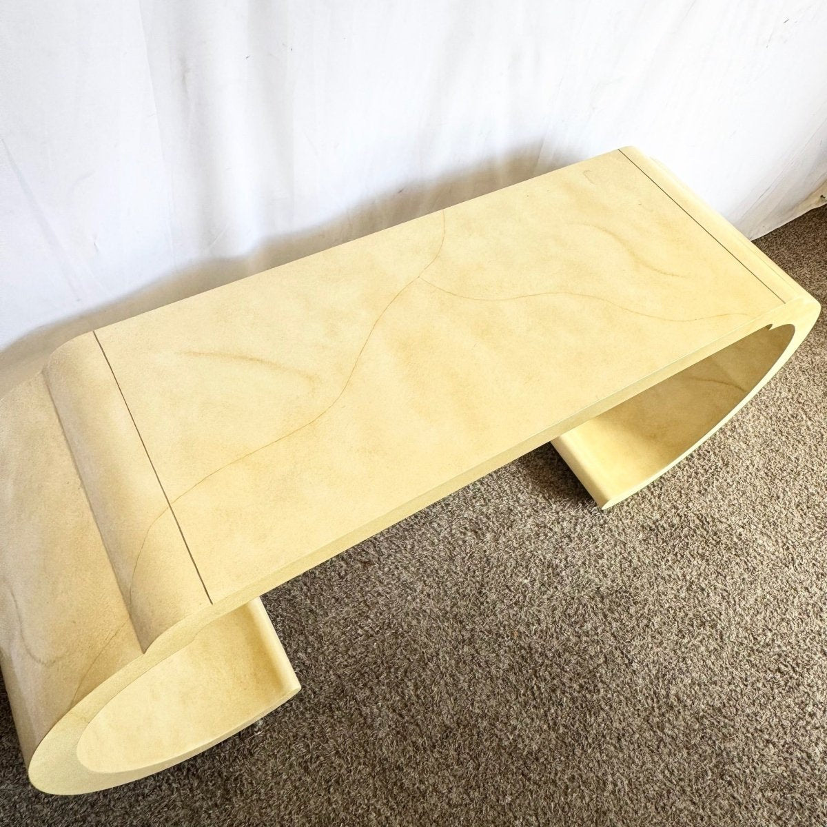 Postmodern Faux Goatskin Lacquered Waterfall Console Table - Dolphin & Flamingo