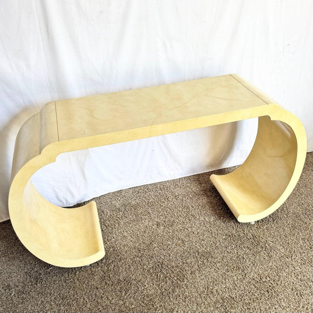 Postmodern Faux Goatskin Lacquered Waterfall Console Table - Dolphin & Flamingo
