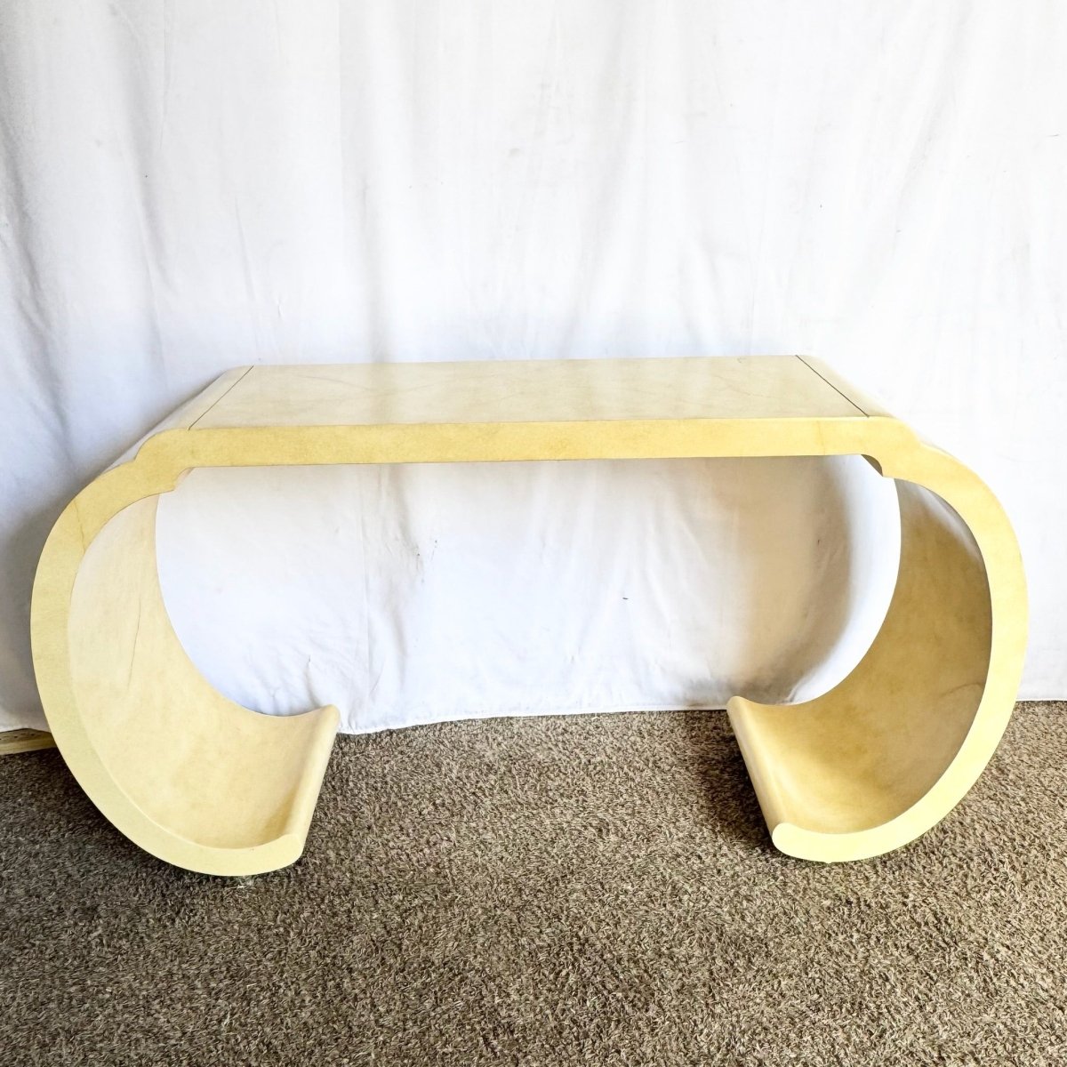 Postmodern Faux Goatskin Lacquered Waterfall Console Table - Dolphin & Flamingo