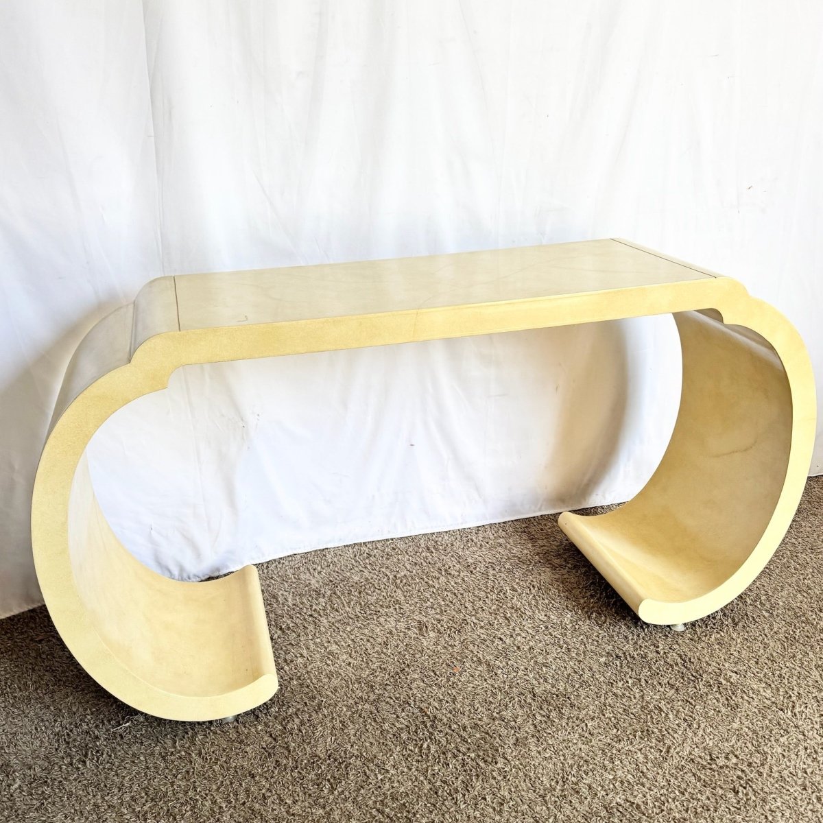 Postmodern Faux Goatskin Lacquered Waterfall Console Table - Dolphin & Flamingo