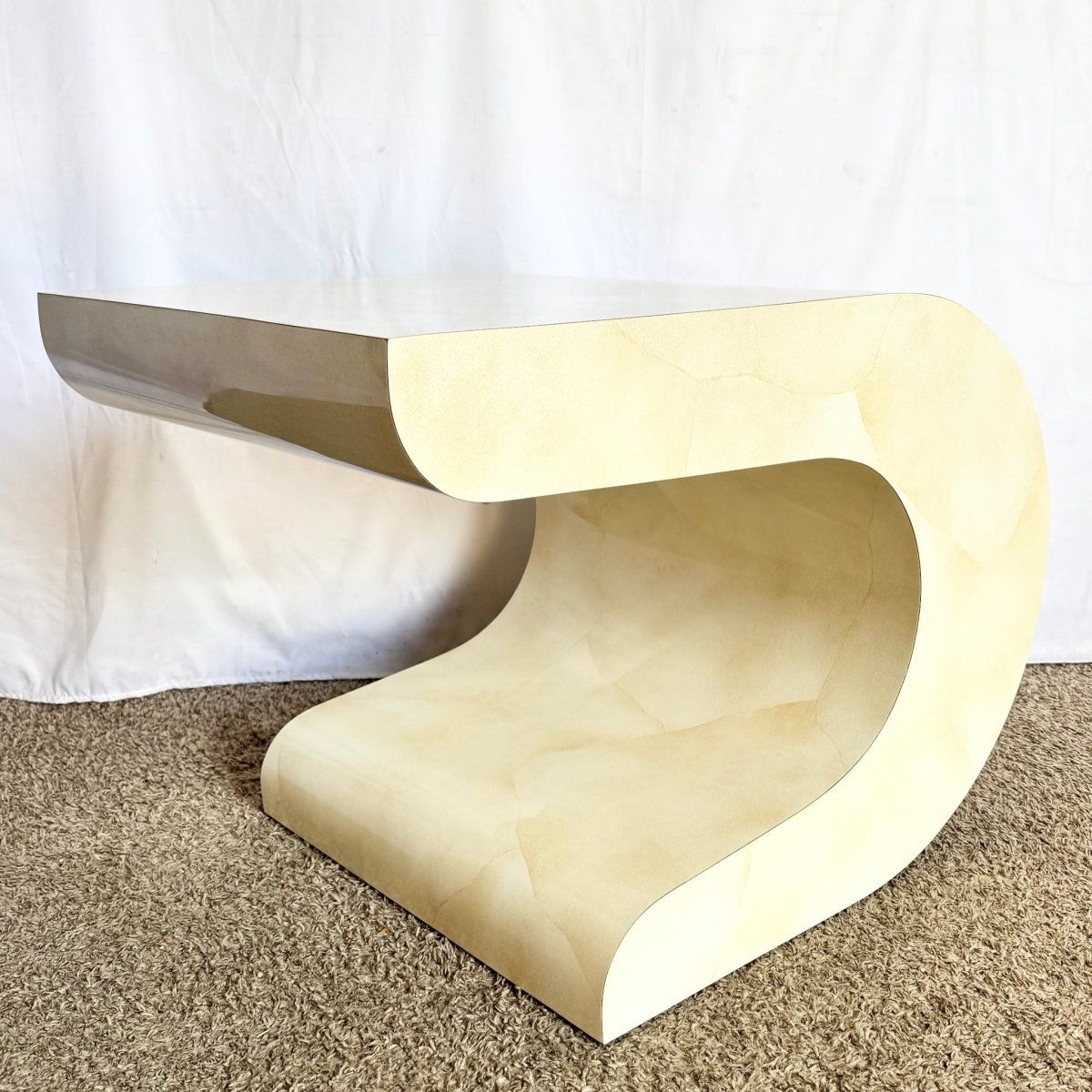 Postmodern Faux Goatskin Laminate Wave Side Tables - Dolphin & Flamingo