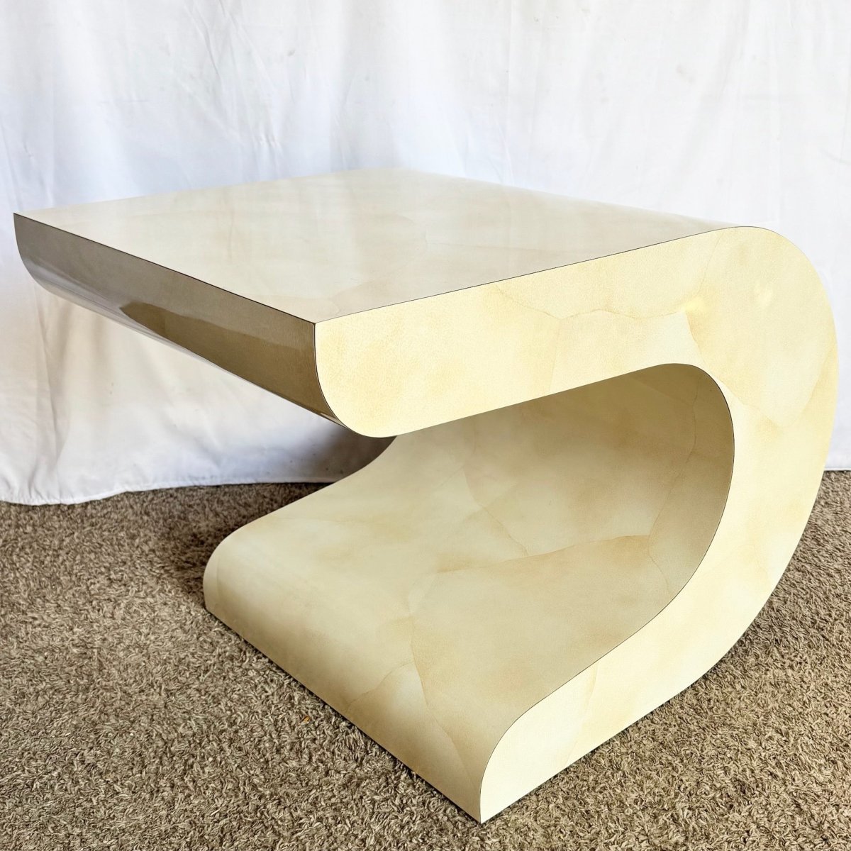Postmodern Faux Goatskin Laminate Wave Side Tables - Dolphin & Flamingo