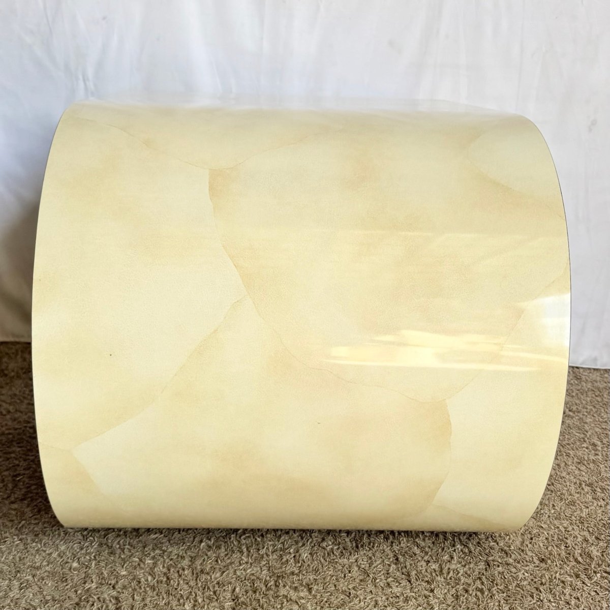 Postmodern Faux Goatskin Laminate Wave Side Tables - Dolphin & Flamingo