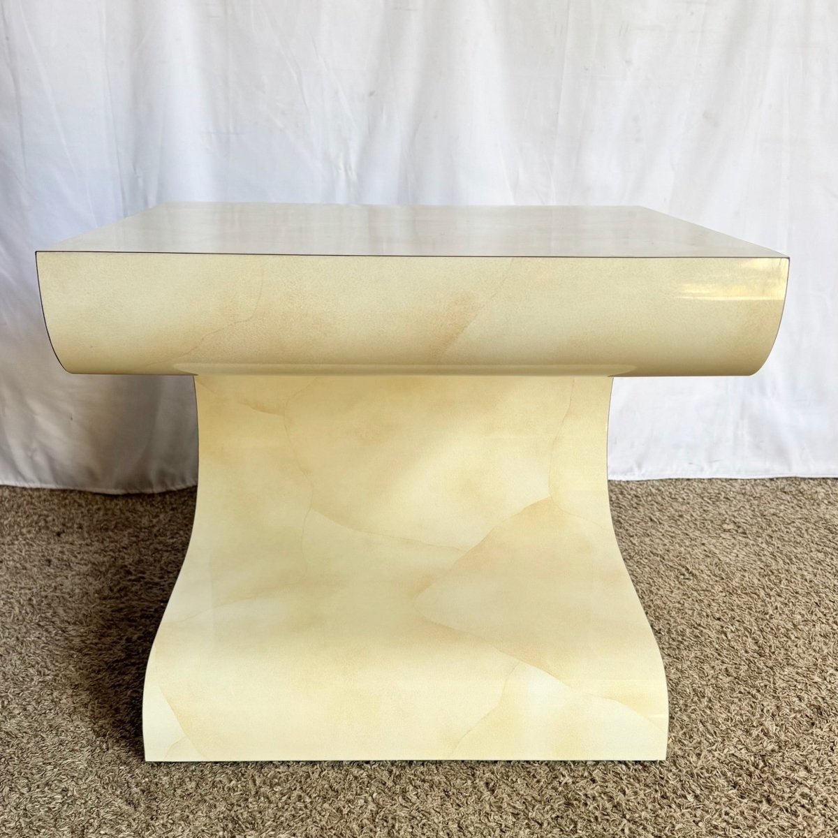 Postmodern Faux Goatskin Laminate Wave Side Tables - Dolphin & Flamingo