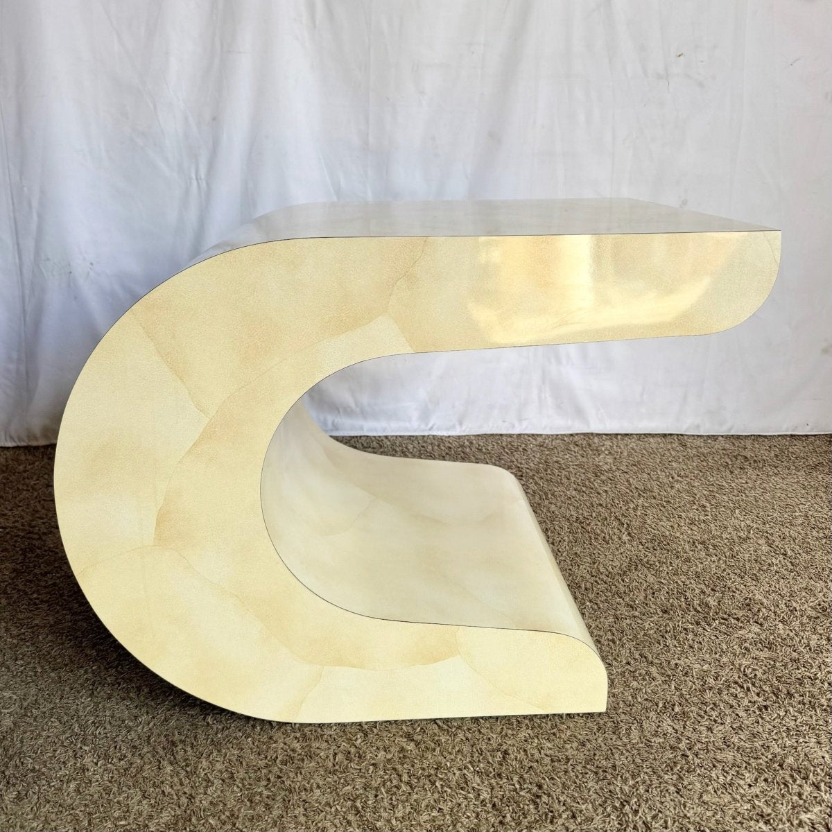 Postmodern Faux Goatskin Laminate Wave Side Tables - Dolphin & Flamingo
