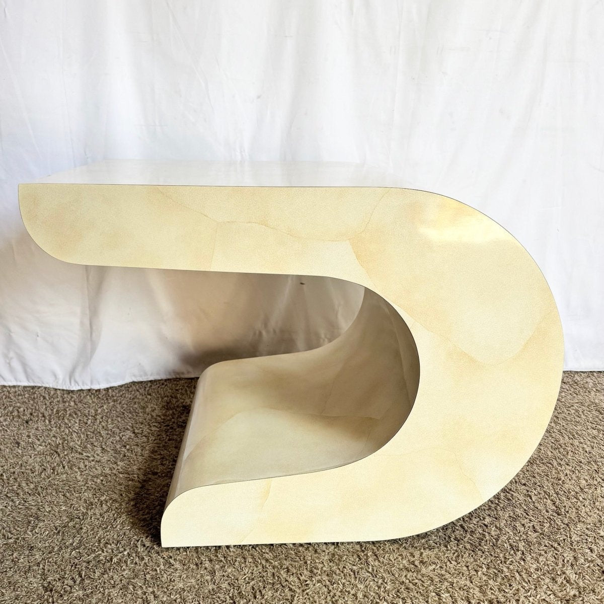 Postmodern Faux Goatskin Laminate Wave Side Tables - Dolphin & Flamingo