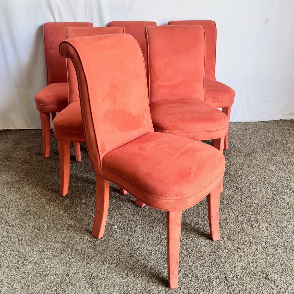 Postmodern Flared Red Fabric Dining Chairs - Set of 6 - Dolphin & Flamingo