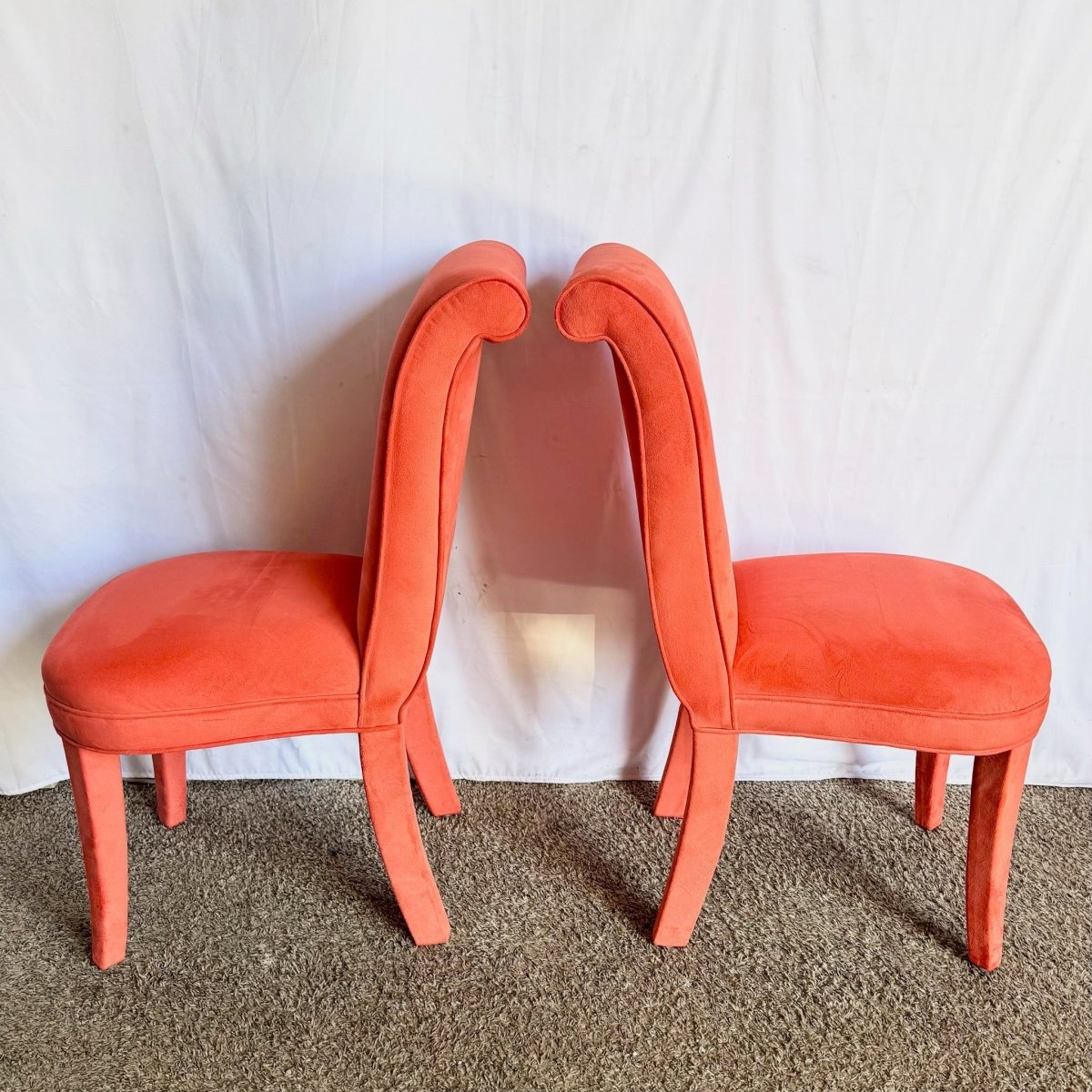 Postmodern Flared Red Fabric Dining Chairs - Set of 6 - Dolphin & Flamingo