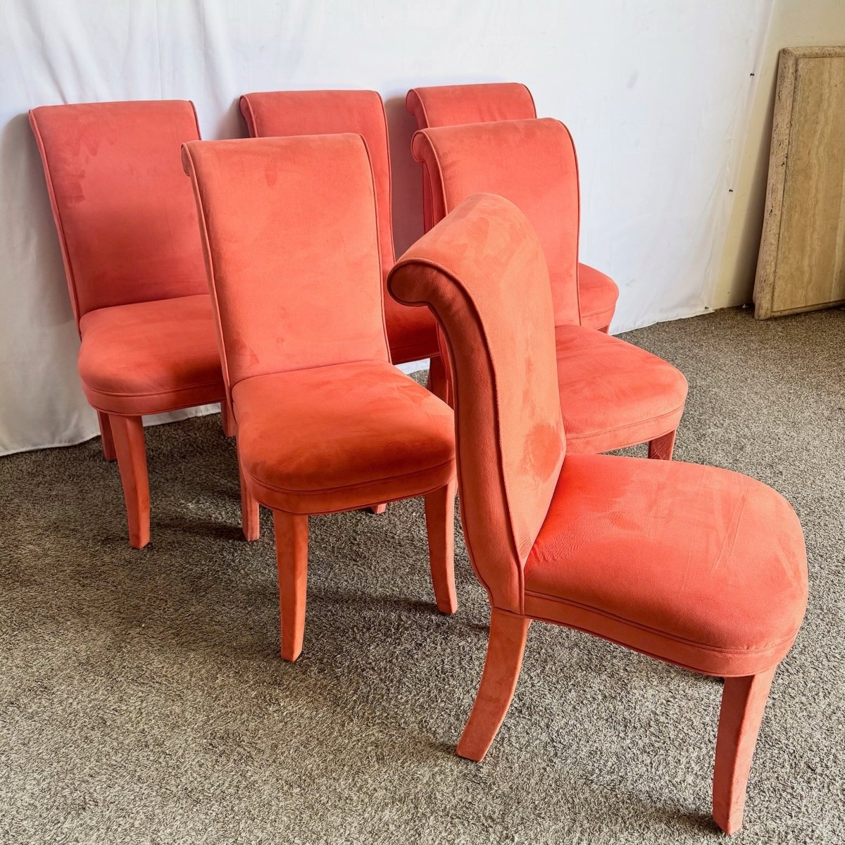 Postmodern Flared Red Fabric Dining Chairs - Set of 6 - Dolphin & Flamingo