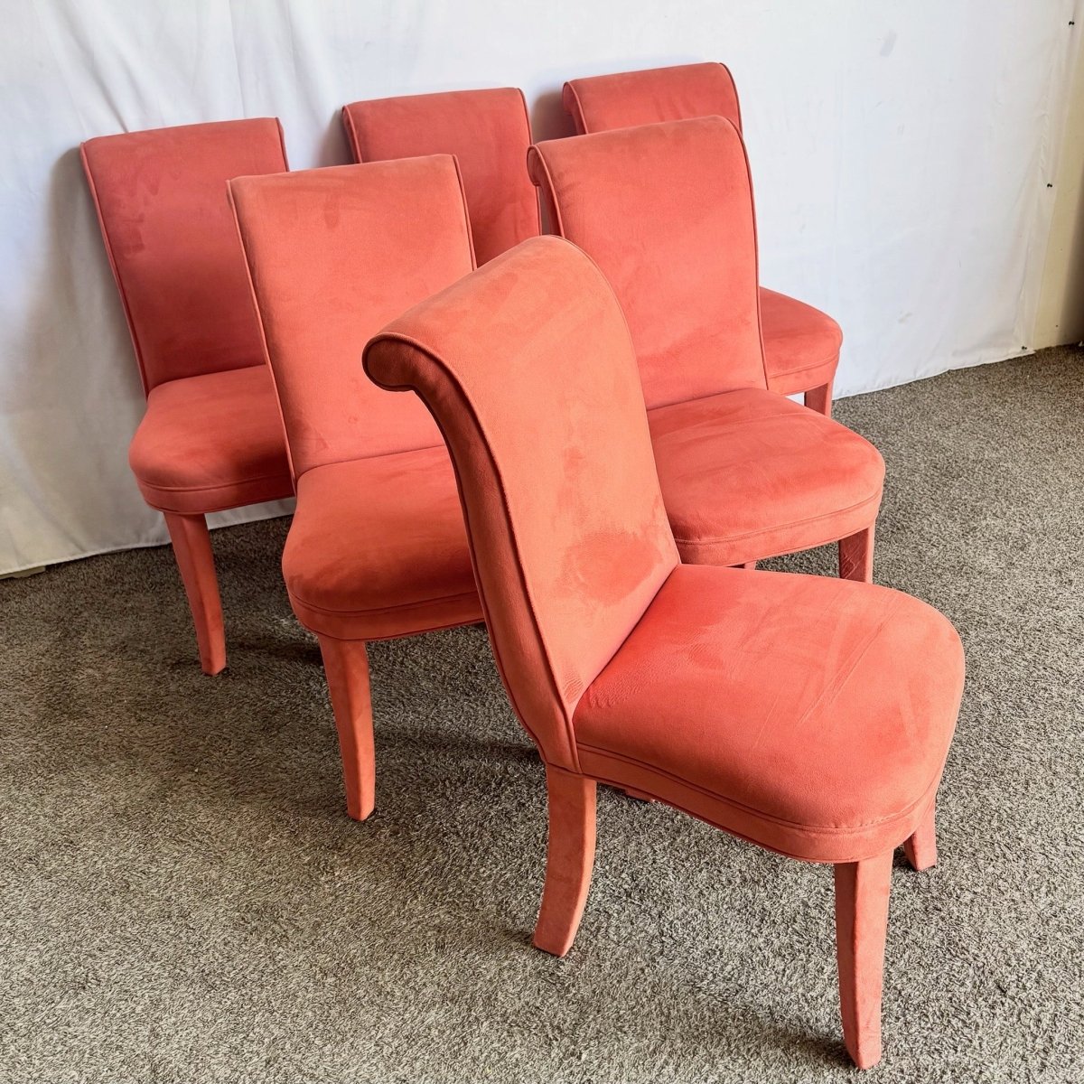 Postmodern Flared Red Fabric Dining Chairs - Set of 6 - Dolphin & Flamingo