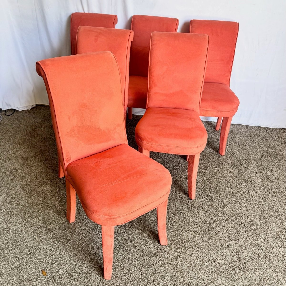 Postmodern Flared Red Fabric Dining Chairs - Set of 6 - Dolphin & Flamingo