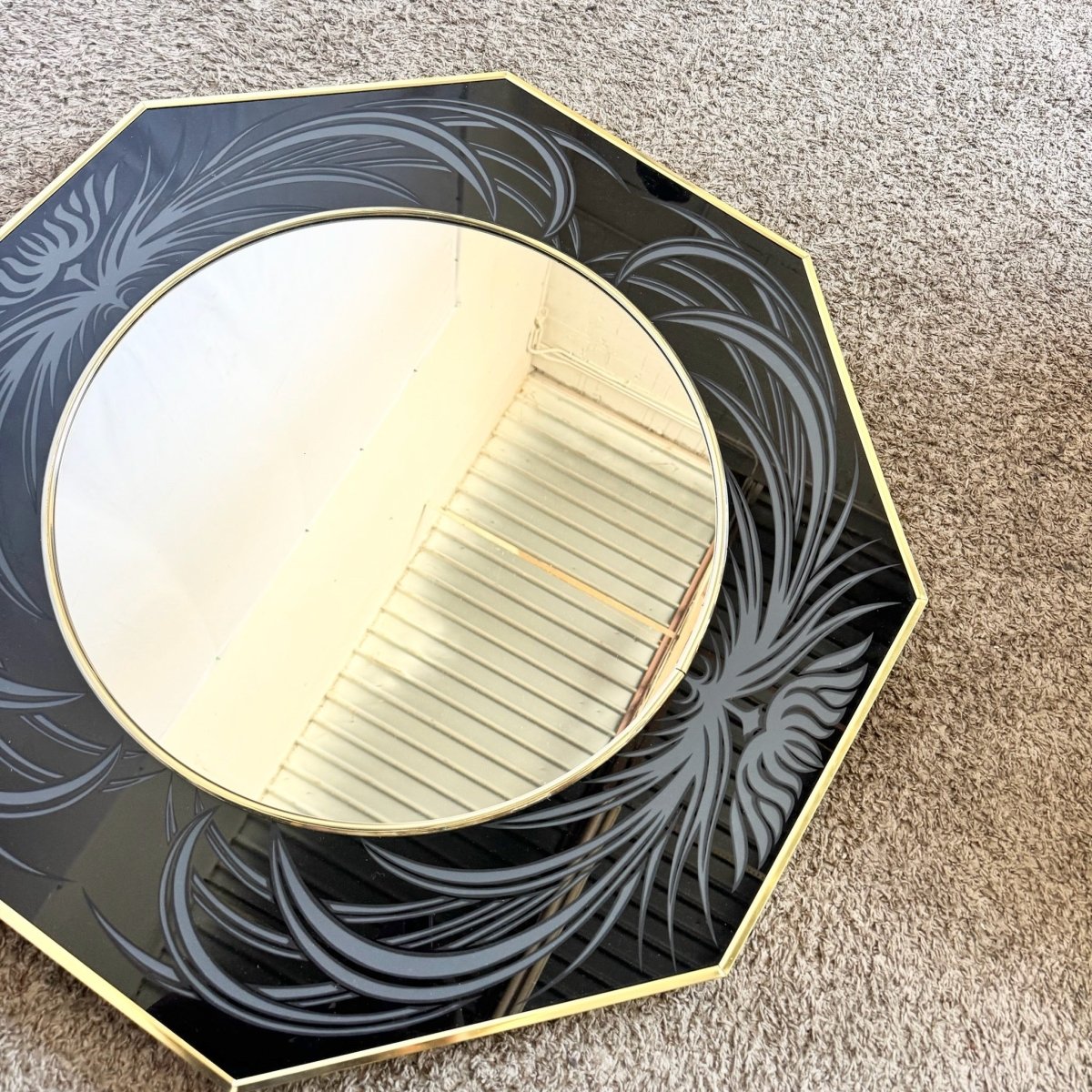 Postmodern Framed and Etched Octagonal Wall Mirror by Richard Sandoval - Dolphin & Flamingo