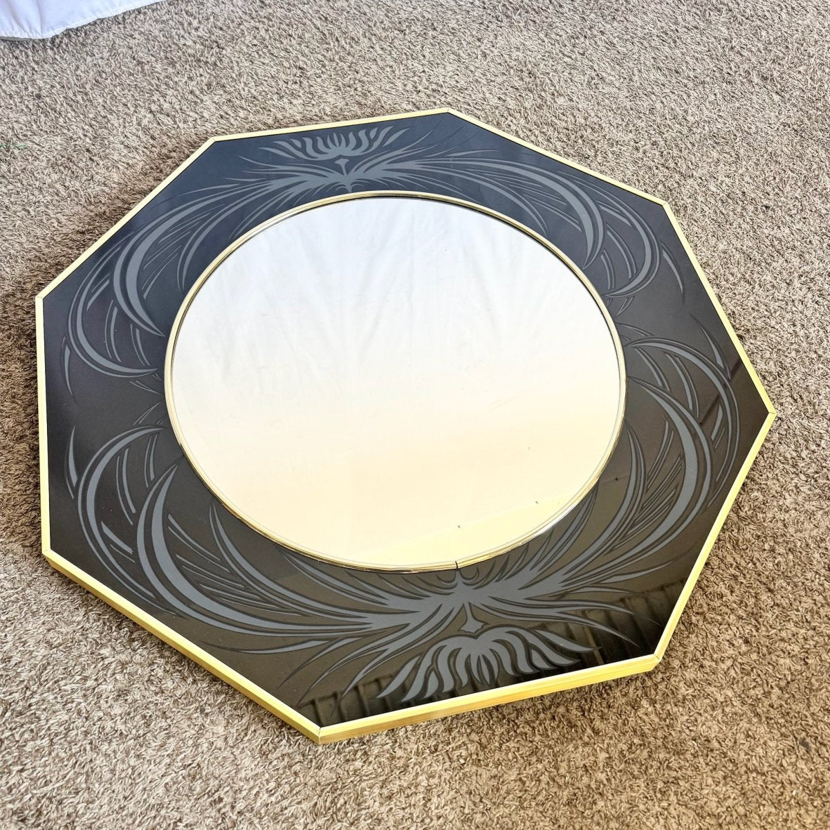 Postmodern Framed and Etched Octagonal Wall Mirror by Richard Sandoval - Dolphin & Flamingo