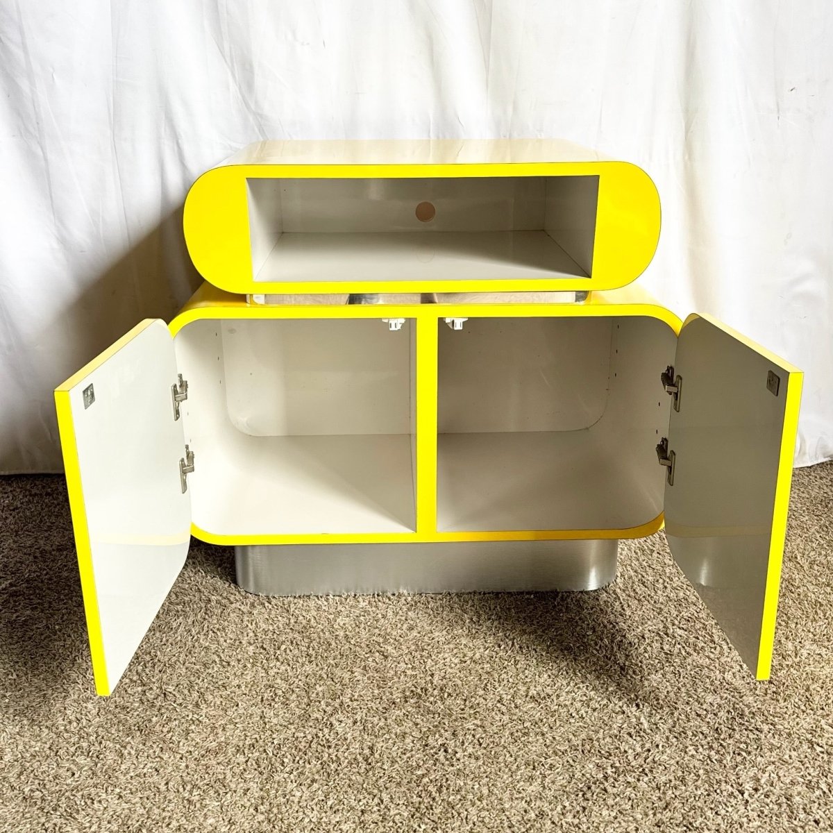 Postmodern Galactic Yellow Lacquer Laminate Waterfall Cabinet - Dolphin & Flamingo
