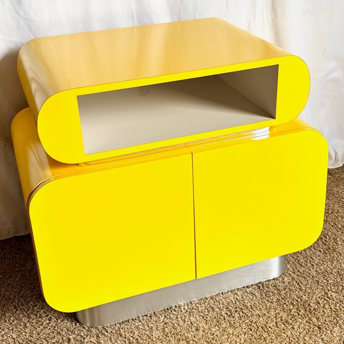 Postmodern Galactic Yellow Lacquer Laminate Waterfall Cabinet - Dolphin & Flamingo