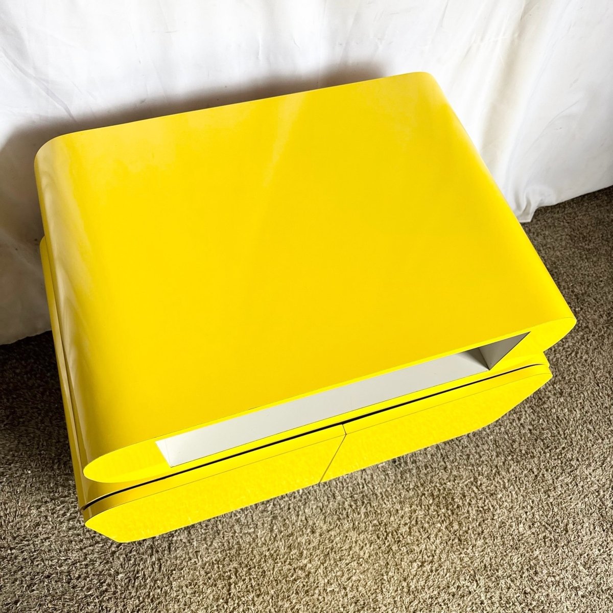 Postmodern Galactic Yellow Lacquer Laminate Waterfall Cabinet - Dolphin & Flamingo