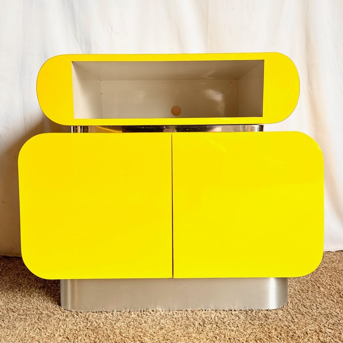 Postmodern Galactic Yellow Lacquer Laminate Waterfall Cabinet - Dolphin & Flamingo