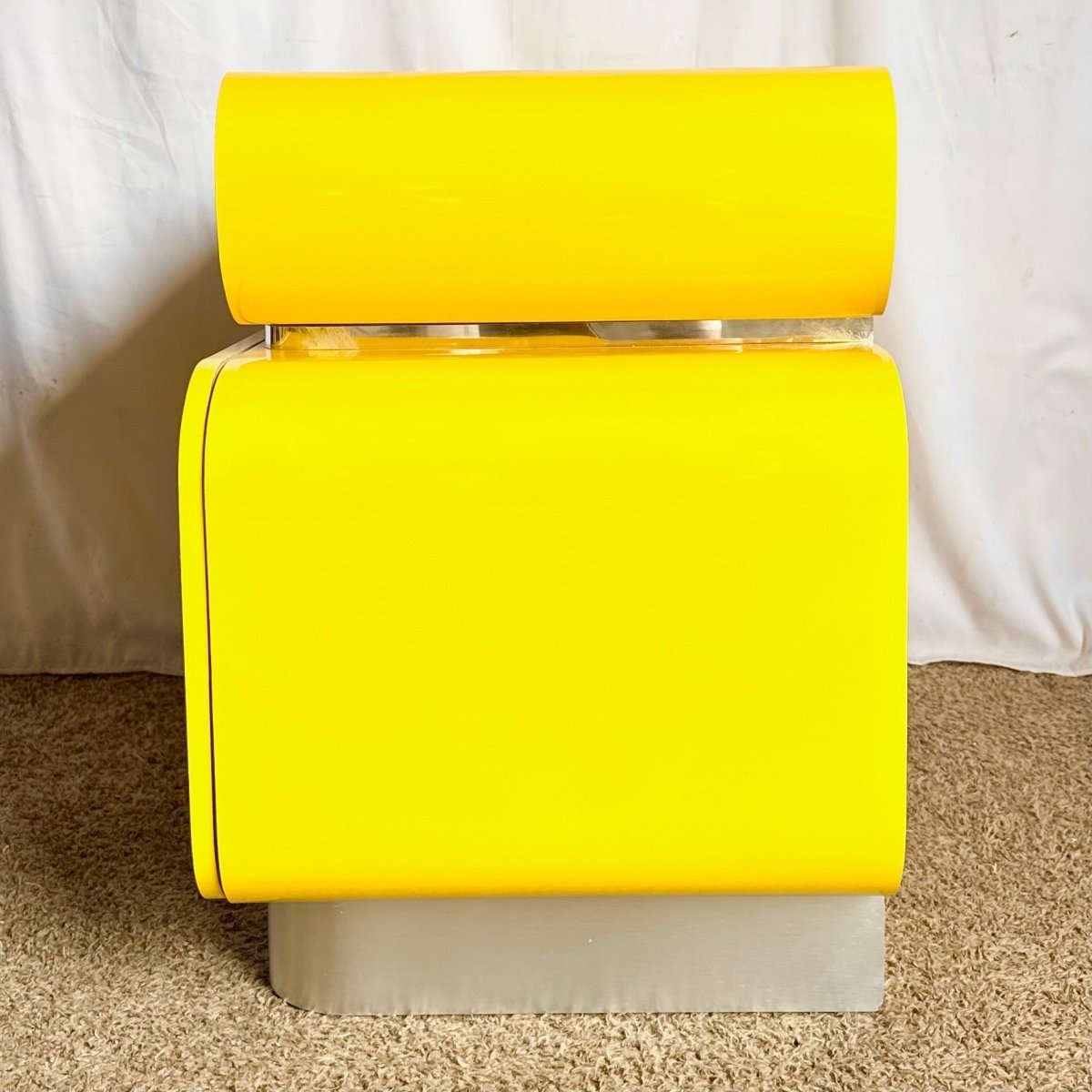 Postmodern Galactic Yellow Lacquer Laminate Waterfall Cabinet - Dolphin & Flamingo