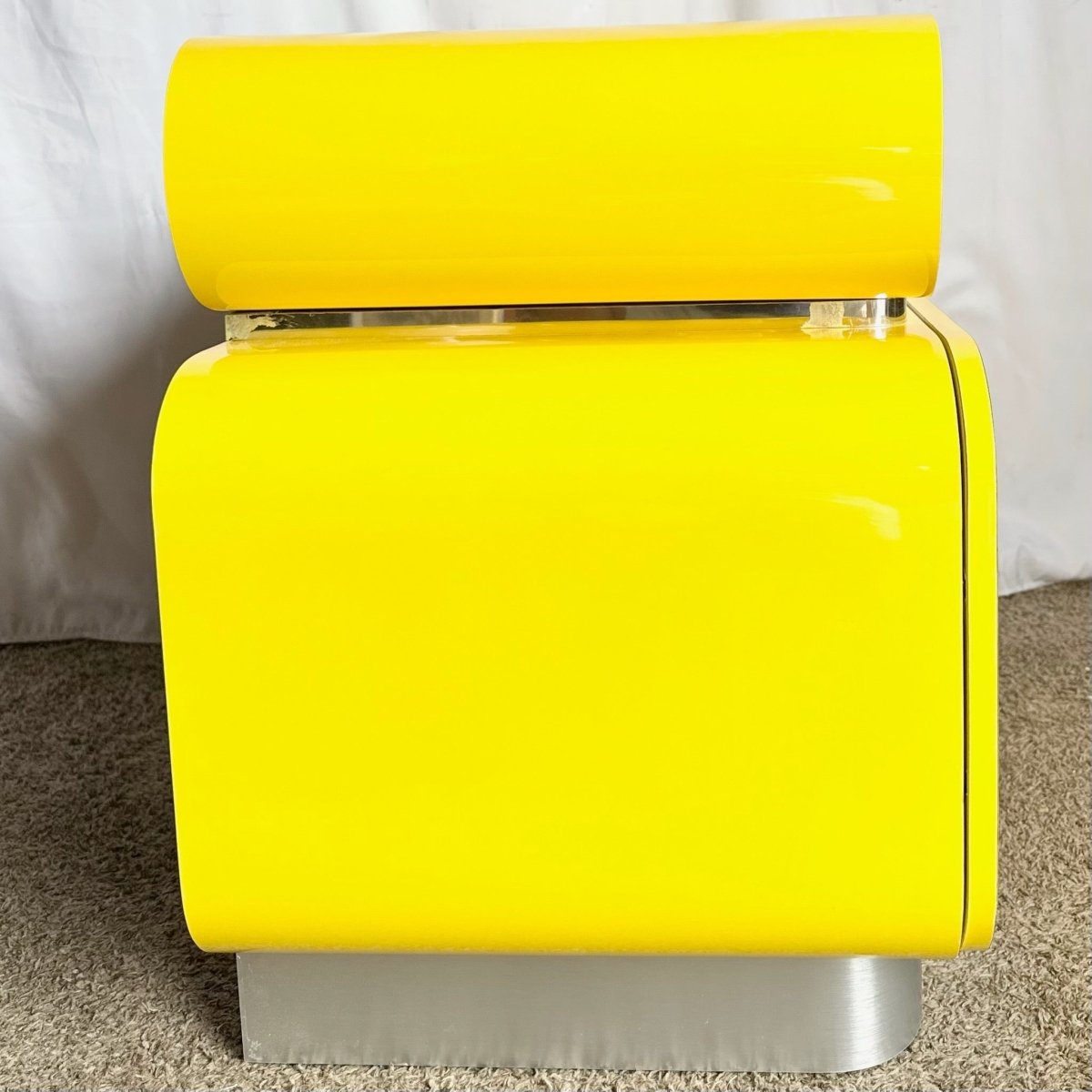 Postmodern Galactic Yellow Lacquer Laminate Waterfall Cabinet - Dolphin & Flamingo