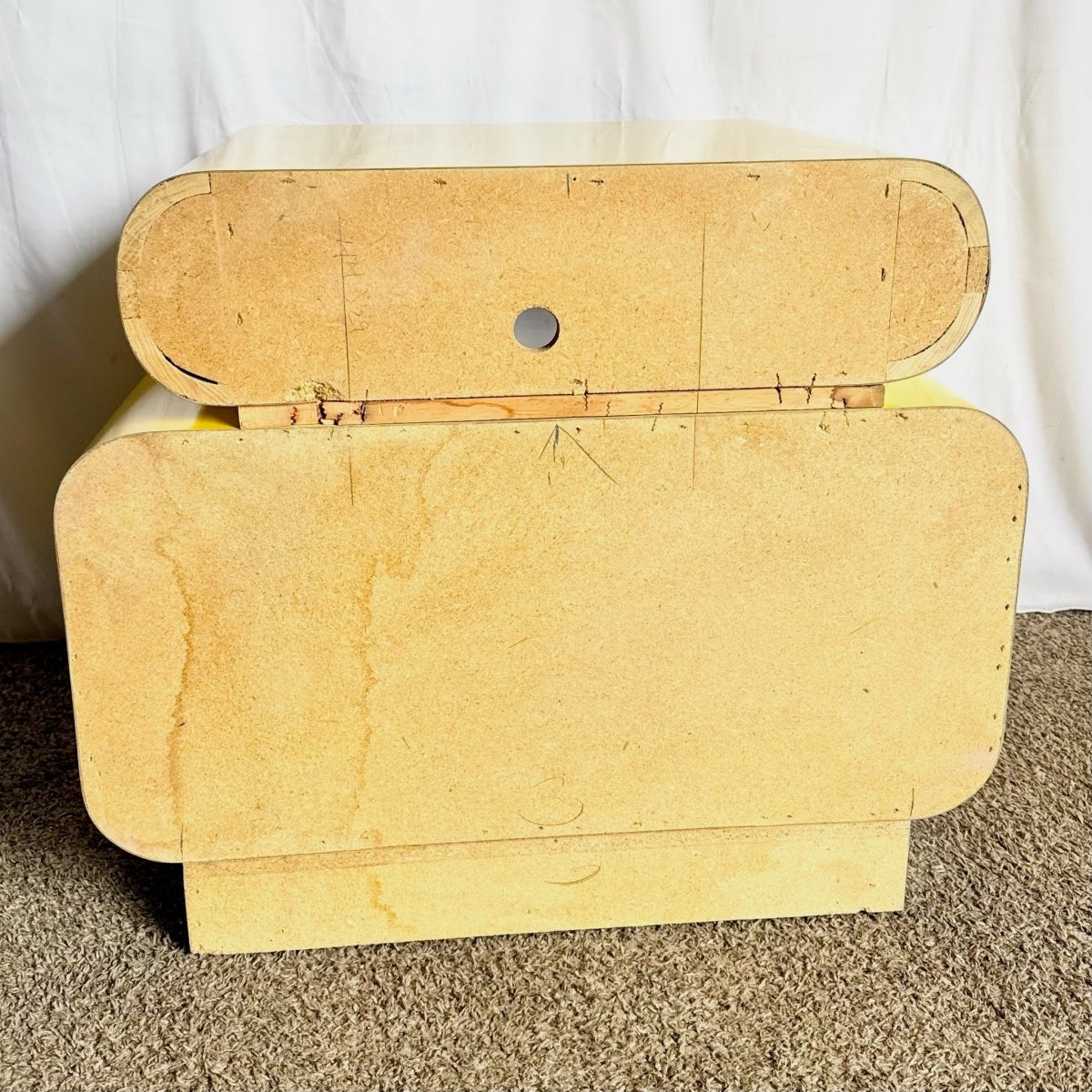 Postmodern Galactic Yellow Lacquer Laminate Waterfall Cabinet - Dolphin & Flamingo