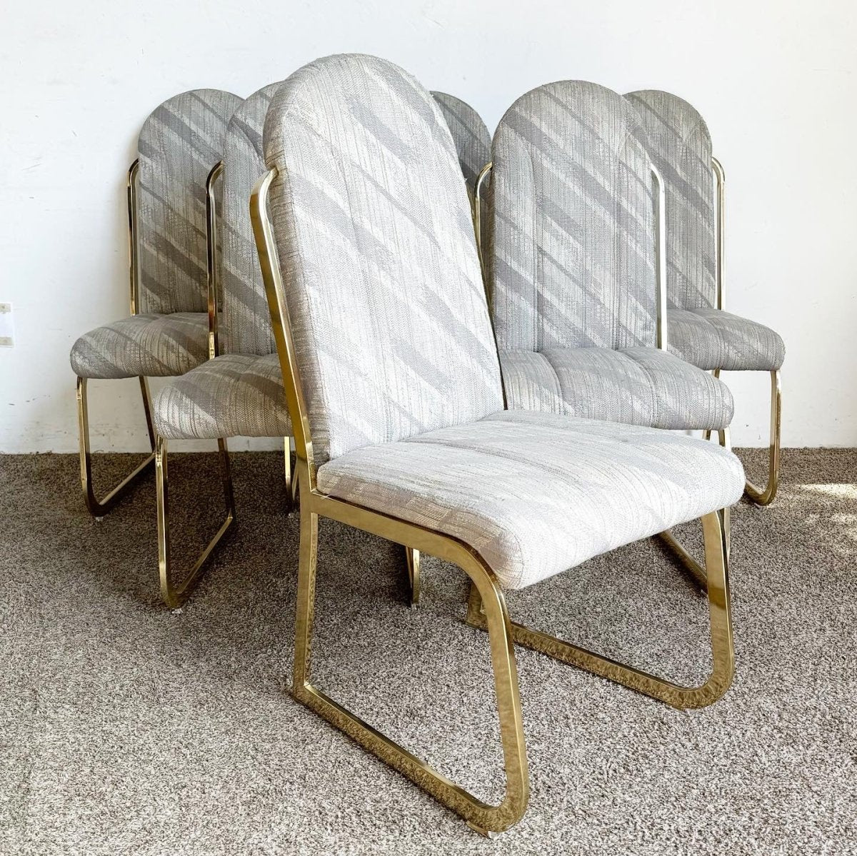 Postmodern Gold Multi Color Fabric Dining Chairs by Chromcraft - Set of 6 - Dolphin & Flamingo