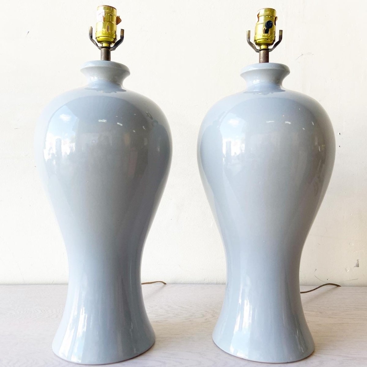 Postmodern Gray Porcelain Table Lamps - a Pair - Dolphin & Flamingo
