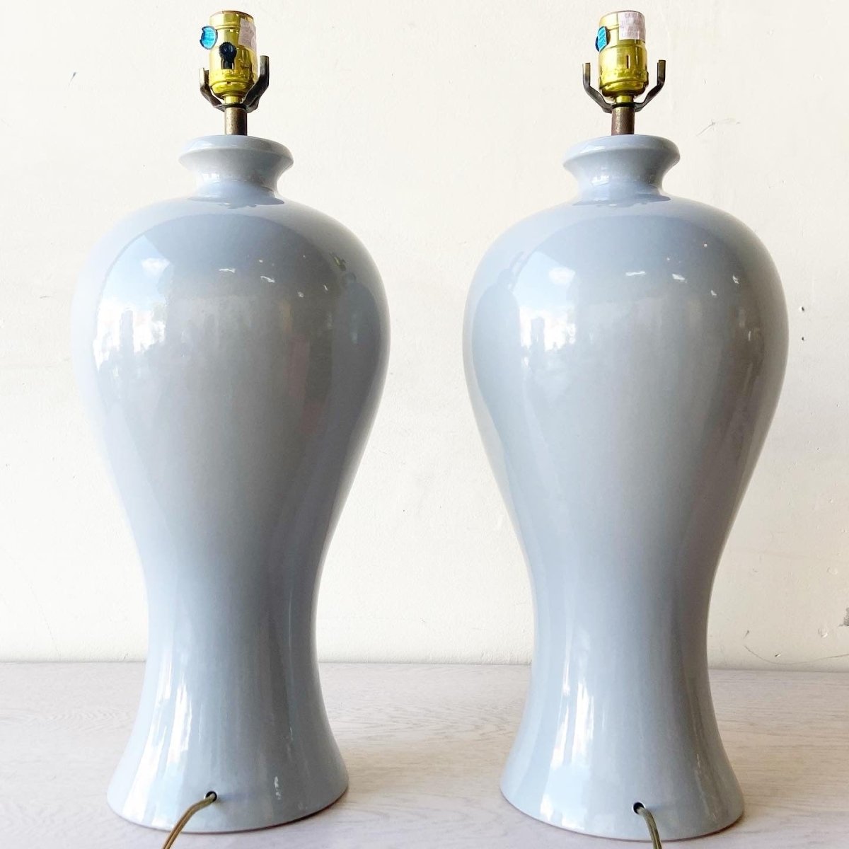 Postmodern Gray Porcelain Table Lamps - a Pair - Dolphin & Flamingo