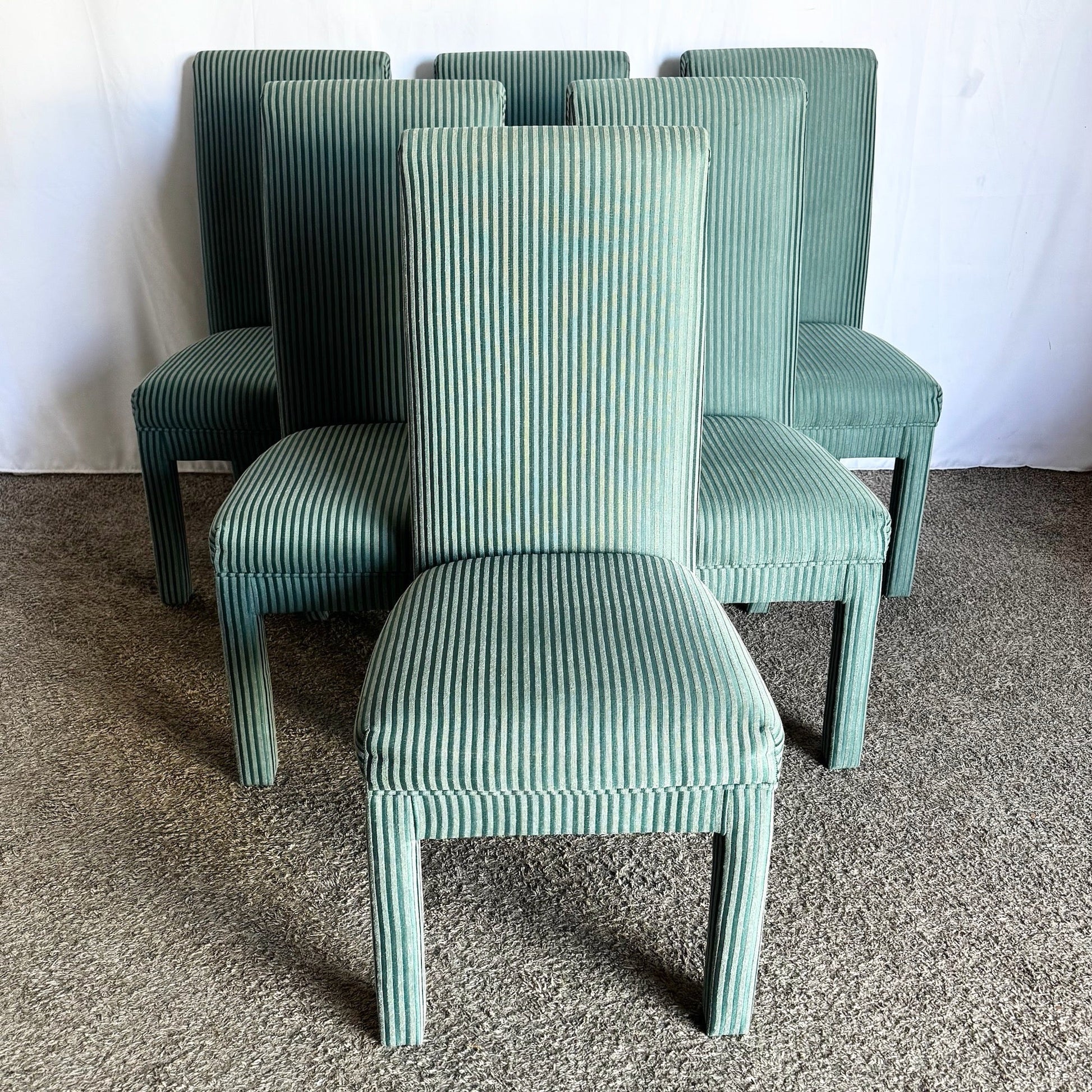 Postmodern Green Striped Fabric Parsons Dining Chairs - Set of 6 - Dolphin & Flamingo