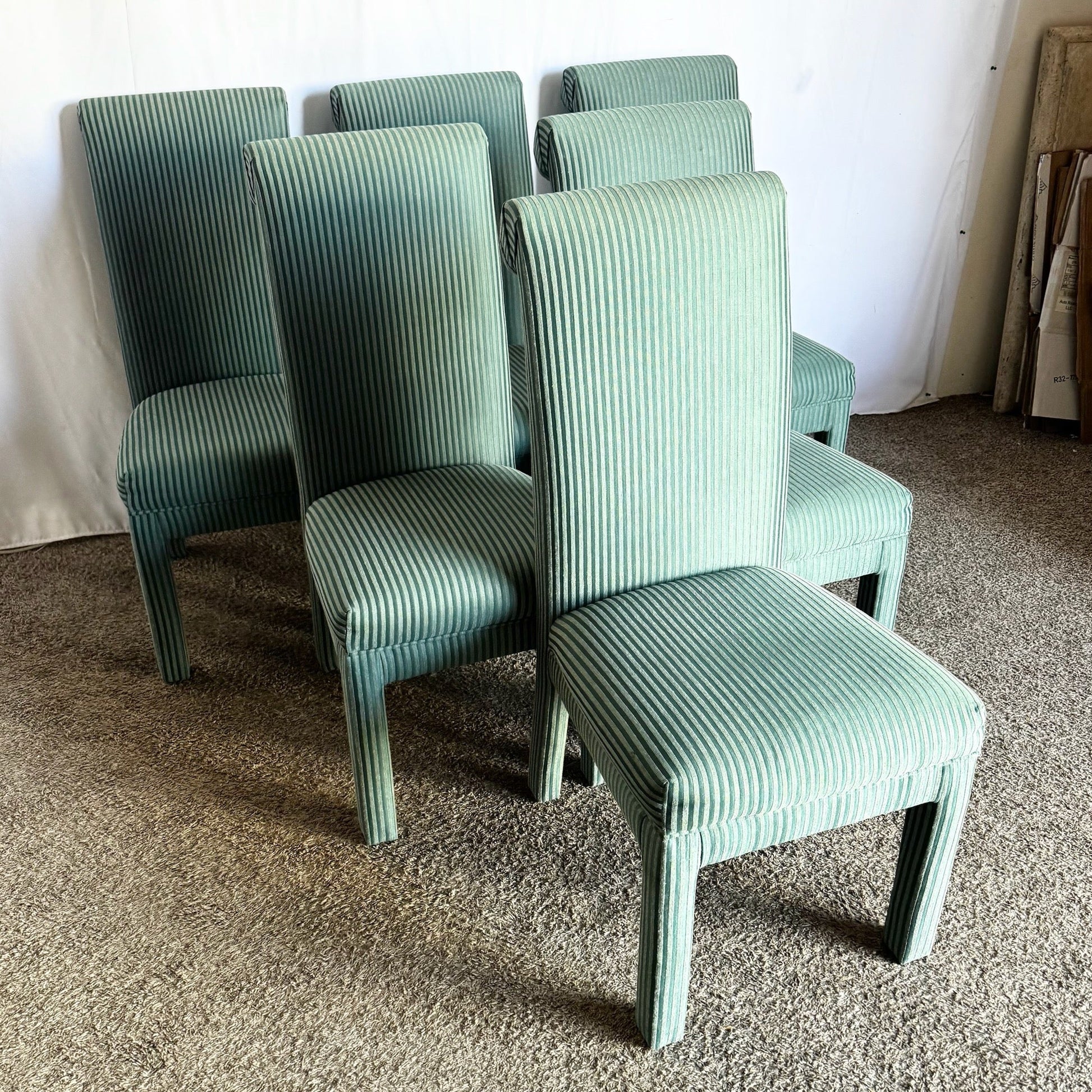 Postmodern Green Striped Fabric Parsons Dining Chairs - Set of 6 - Dolphin & Flamingo