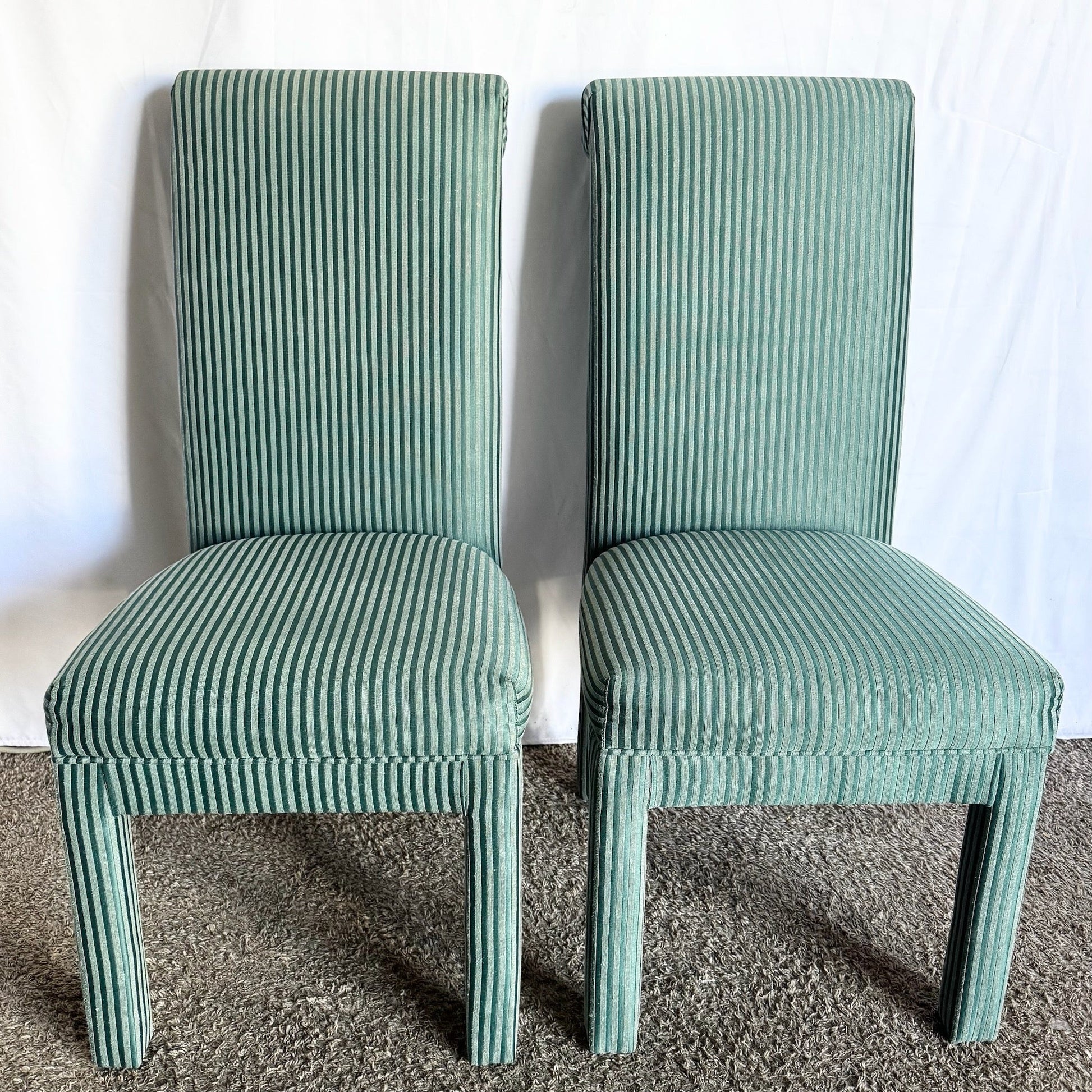 Postmodern Green Striped Fabric Parsons Dining Chairs - Set of 6 - Dolphin & Flamingo
