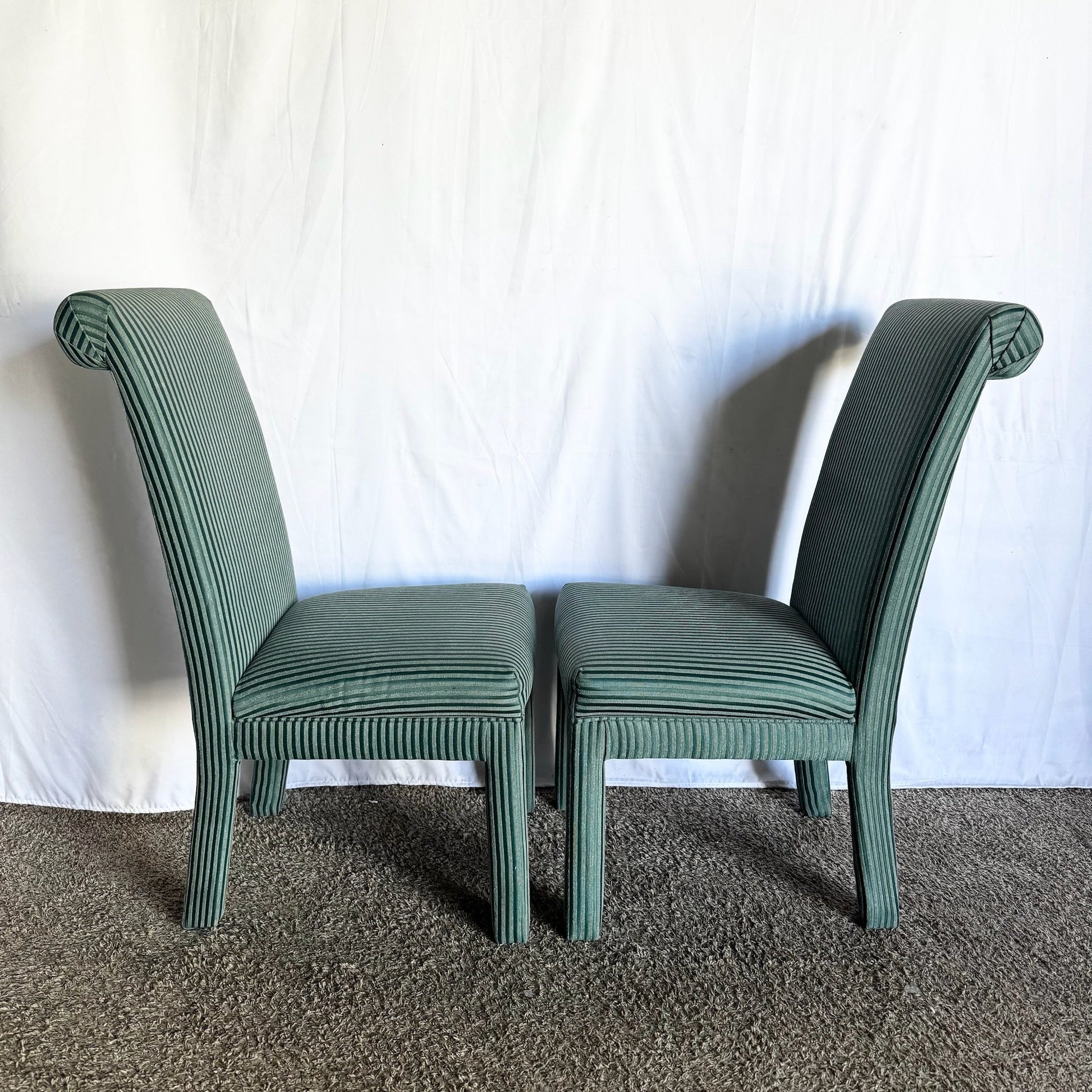 Postmodern Green Striped Fabric Parsons Dining Chairs - Set of 6 - Dolphin & Flamingo