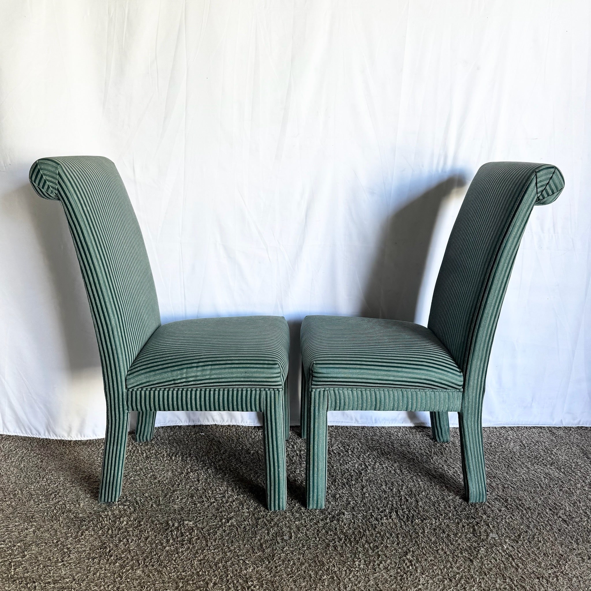 Postmodern Green Striped Fabric Parsons Dining Chairs - Set of 6 - Dolphin & Flamingo